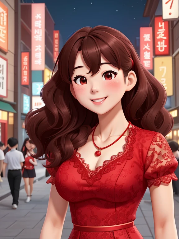 attractive korean woman, ripped muscle, muscular body, small breast, pale skin, smile(blush), red lace dress, thin necklace, sixpack abs, [ultra detailed skin:1.2], brown hair, wavy hair, 8k uhd, full body, stand, crowd, public, night,
