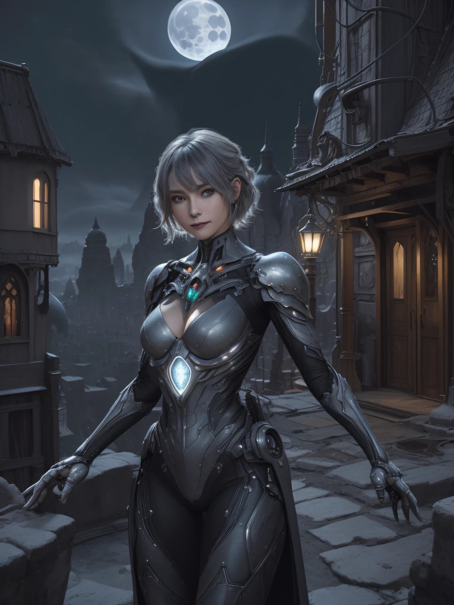 hightquality、8K、Ulutra HD、fullllbody、1 16-year-old female、Gentle smile、Rich facial expressions、beauty legs、robe blanche、Golden hair、Her eyes are emerald green、spotlight on face、mechanical black stage costume、(Dark Fantasy、fantastic landscape、illuminated by the moonlight、Alien City's sci-fi parallel world、Dark art、Dystopian atmosphere、mechanical retro world、land like cappadocia、light from building windows、Inspired by strange architecture and cityscapes by Antonio Gaudi、dark sky、cloudy ash sky、grey sky)、cute little、Beautiful fece、portlate、art by:Alberto Seveso、Abstract art style、Complex and intricate watercolor painting 、digitial painting、concept-art、Volumetric lighting、TanvirTamim、metal reflective、2d render、Art Germ、Trending on ArtStation