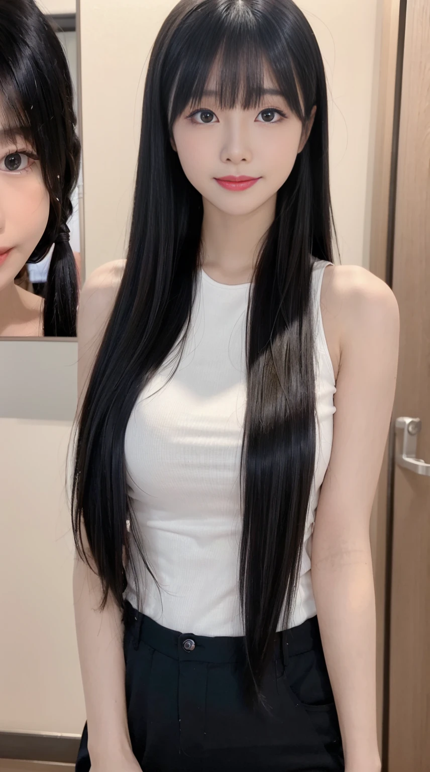 56kg woman and 1,75 tall,
slim, waist length and straight hair, Bblack hair, skin color between white and brown, thin and long face, dimples, fine nose