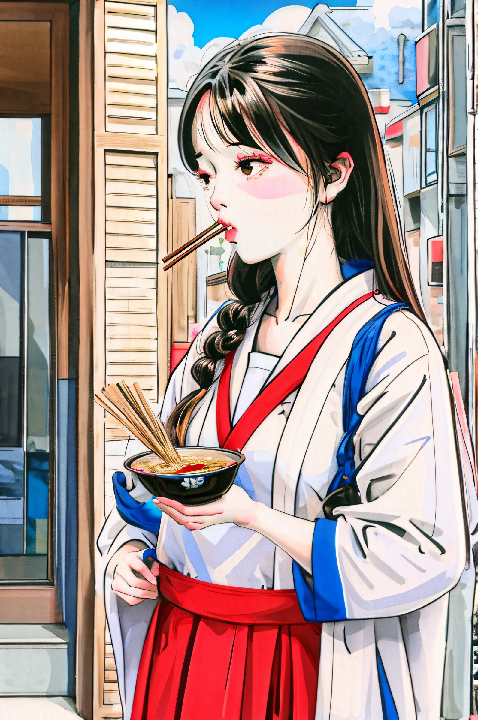 1girl in, bangss, A dark-haired, blue-sky, brown-eyed, CHCH Style, ​​clouds, tag, eats, food, chopsticks, chop stick, hold ing, ramen, noodle, length hair, looking to side, plein air, cparted lips, Skysky, 独奏, The upper part of the body