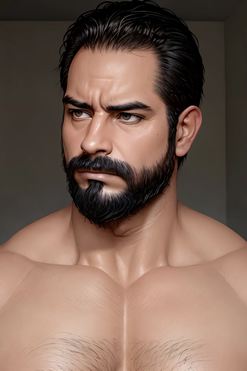 man, Dramatic lighting, oil painting style, detailed muscles, fuerte contraste, sombras intensas, high resolusion, Realistic depiction, mirada intensa, Robust features, claroscuro, Pinceladas magistrales, Powerful physique, pose sensual, Captivating expression