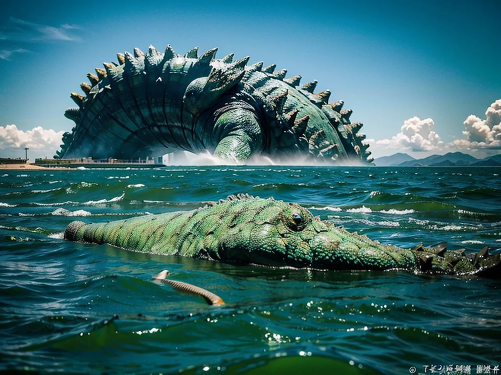 The sea is polluted by nuclear wastewater,Countless dead fish floating on the sea,,The sea water turned green,Huge Godzilla