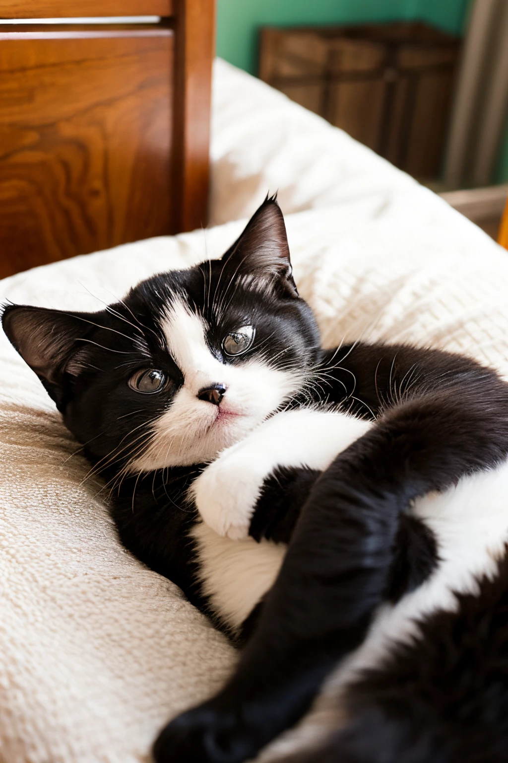 black cat、A kitten、a bed、Sleeping
