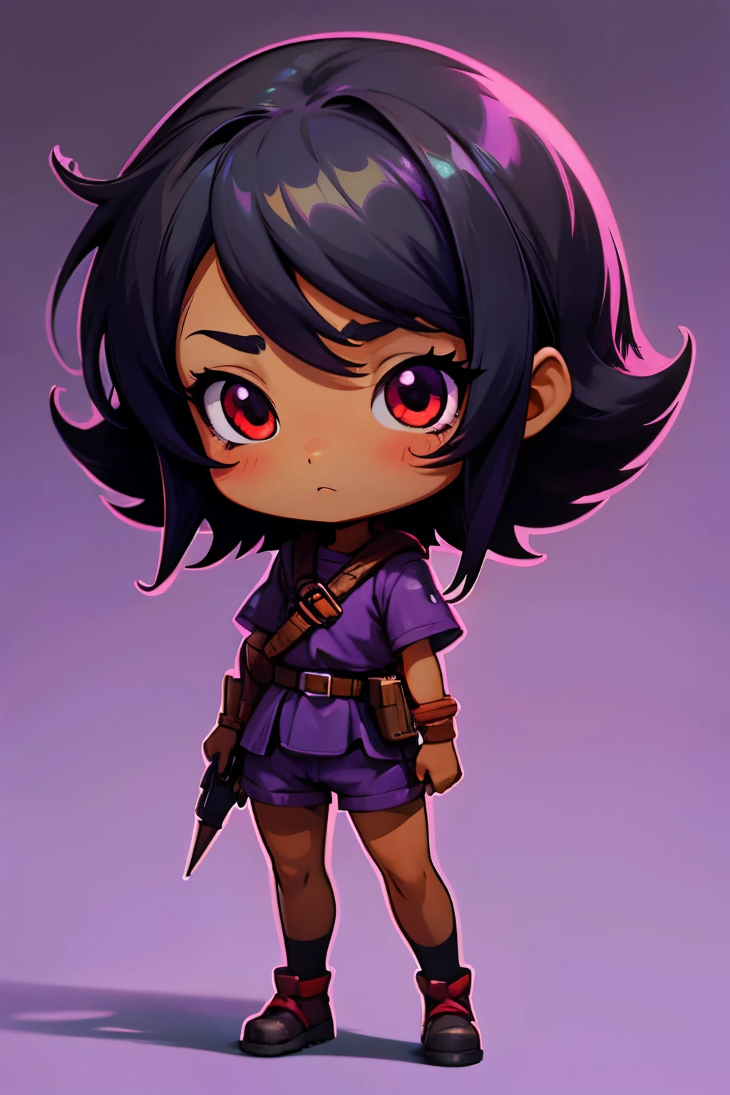 chibi anime girl tan skin, black hair with red highlight, black eye, purple color theme, purple clothes