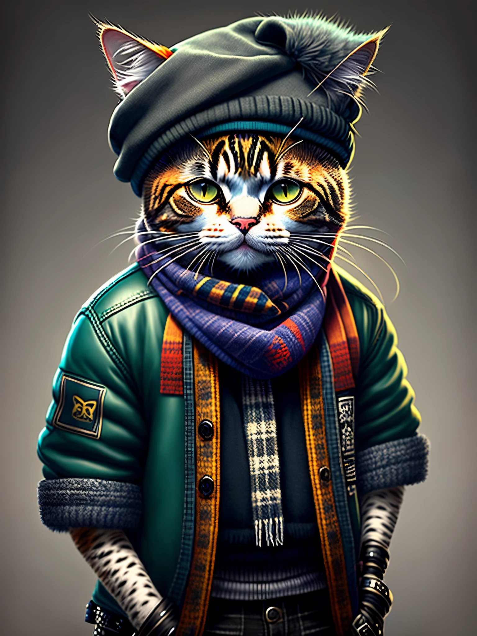 picture of a cat in a hat and scarf, art station trend, dressed in punk clothes, hyper realistic detailed rendering, british gang member, urban style, intimidating pose, planet of cats, fashion clothes, urban samurai, meow, west slavic traits, 8 1 5