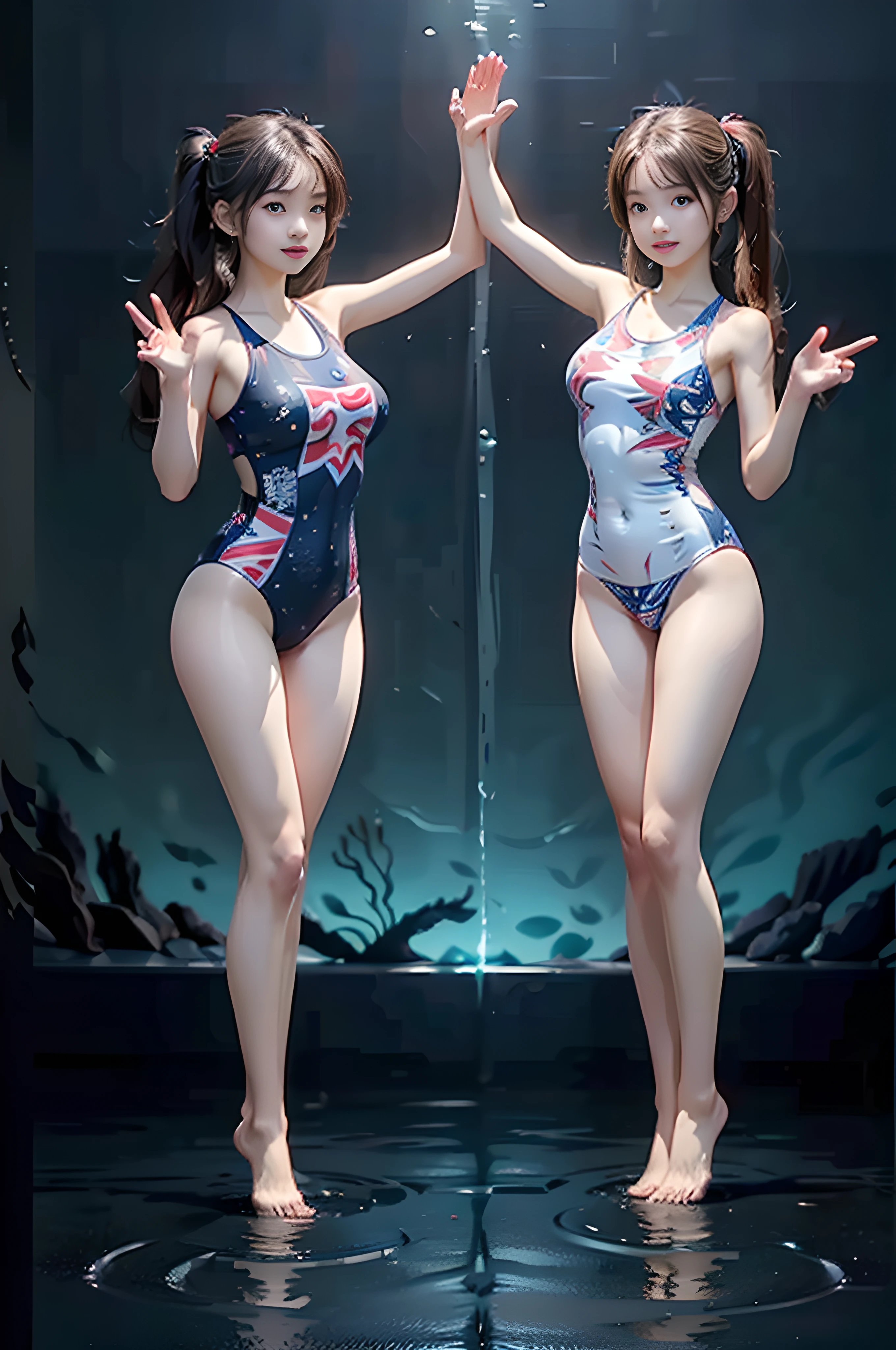 (((young slender Japanese girls posing under deep sea))), natural front lighting, ultra sharp focus,twintail hair, (((bright skin))),large eyes with long eyelashes and double eyelids, dynamic angle, 2girls, ((waving arms)), (((huge breasts))), (full body shot:2), (((wearing UnionJack-printed one-piece swimwear))), looking back,(((slim waistline)))