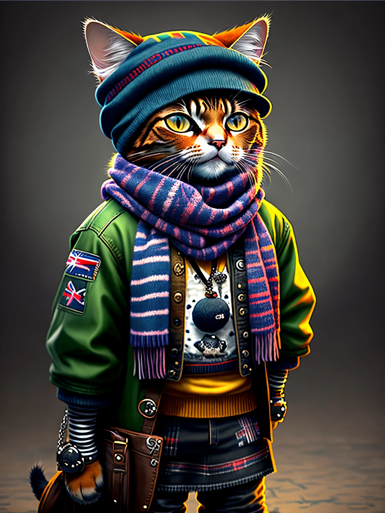 image of a cat with hat and scarf, art station trend, dressed in punk clothes, hyper realistic detailed rendering, british gang member, urban style, intimidating pose, planet of cats, fashionable clothes, urban samurai, meow, west slavic traits, circular design, shirt design