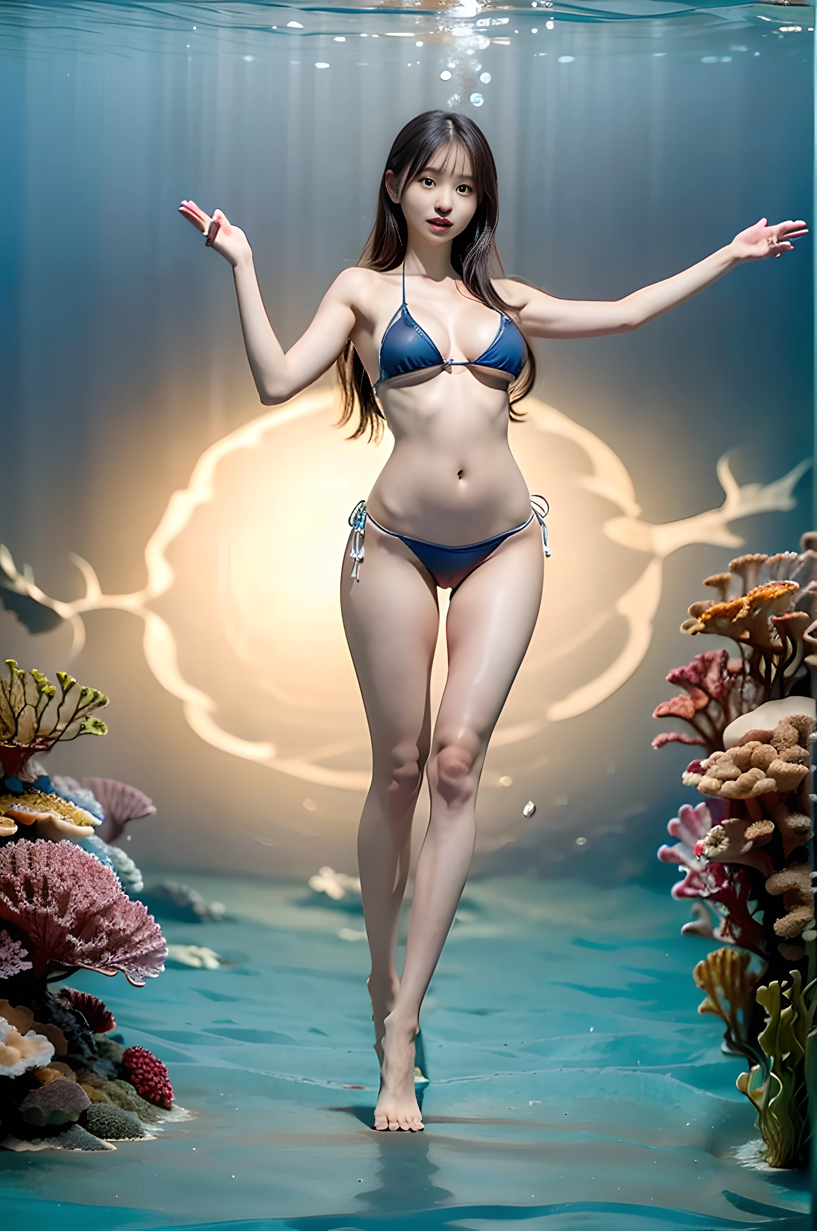 (((young slender Japanese girls posing under sea))), natural front lighting, ultra sharp focus,long ponytail hair, (((bright skin ))),large eyes with long eyelashes and double eyelids, dynamic angle,((waving arms)), (((huge breasts))), (full body shot:2), (((wearing micro bikini))), ((looking back)),(((slim waistline)))
