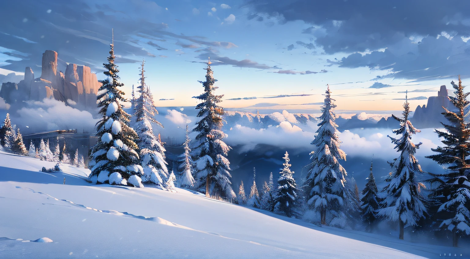 Nice 8KCG Wallpapers, very fine 8K CG wallpaper, watercolor (medium), Blue skies, wintery, snow rocks, Foggy Streets, Vacant lot, winter mountain, thick fog, Vacant lot, shady land, (((A view from a high position))), overcast sky, Overcast, (((wide terrain on top of a cliff))), cliff, pine trees, conifer