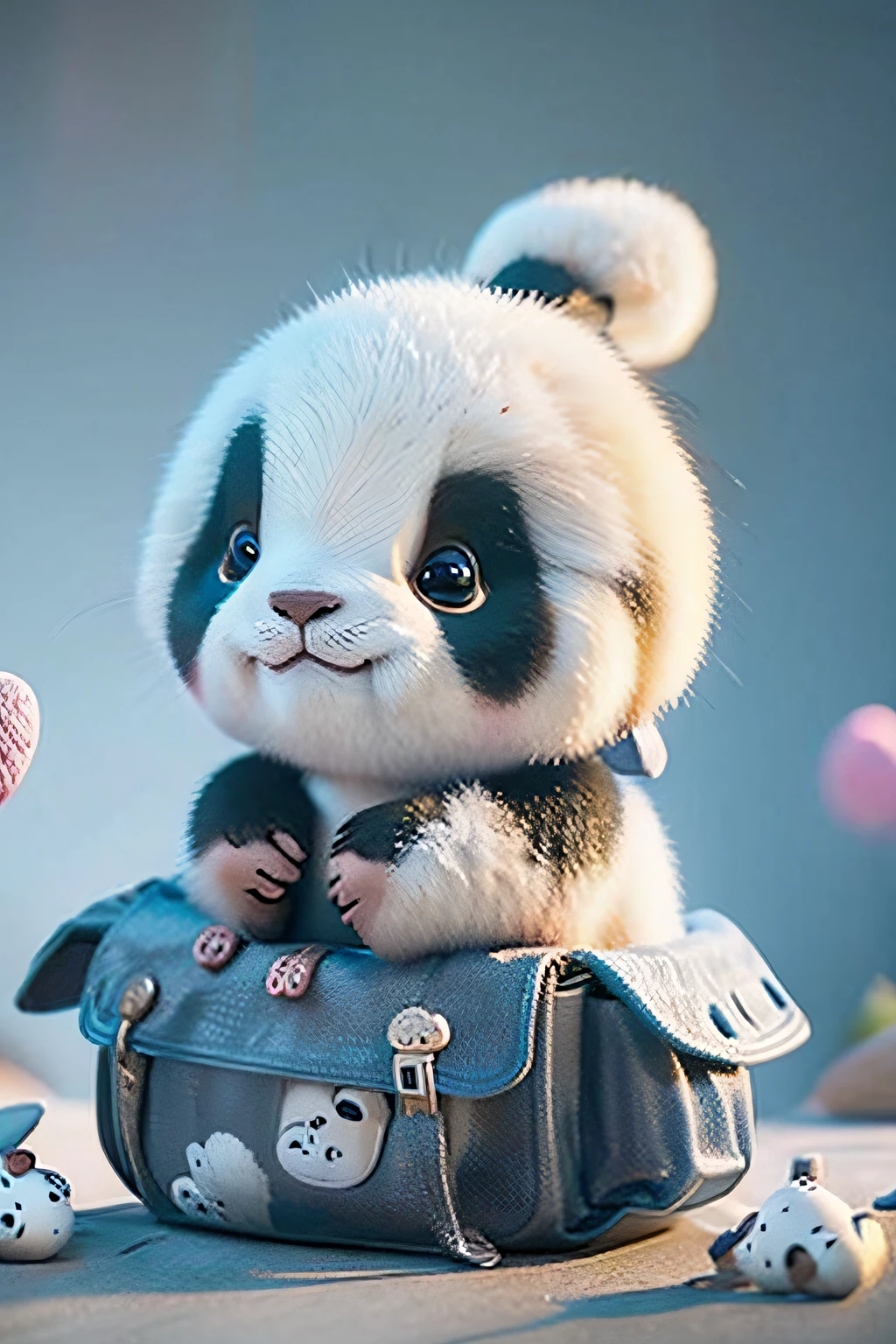 The panda sits on the table,Keep a backpack on hand, lovely digital painting, Cute 3d rendering, cute panda, Cute and detailed digital art, adorable digital art, 3D model of a Japanese mascot, pandas, panda panda panda, cute character, cute cartoon character, Inspired by Luo Ping, Cartoon rendering key shots, cute big breasts! c4d, a cute giant panda