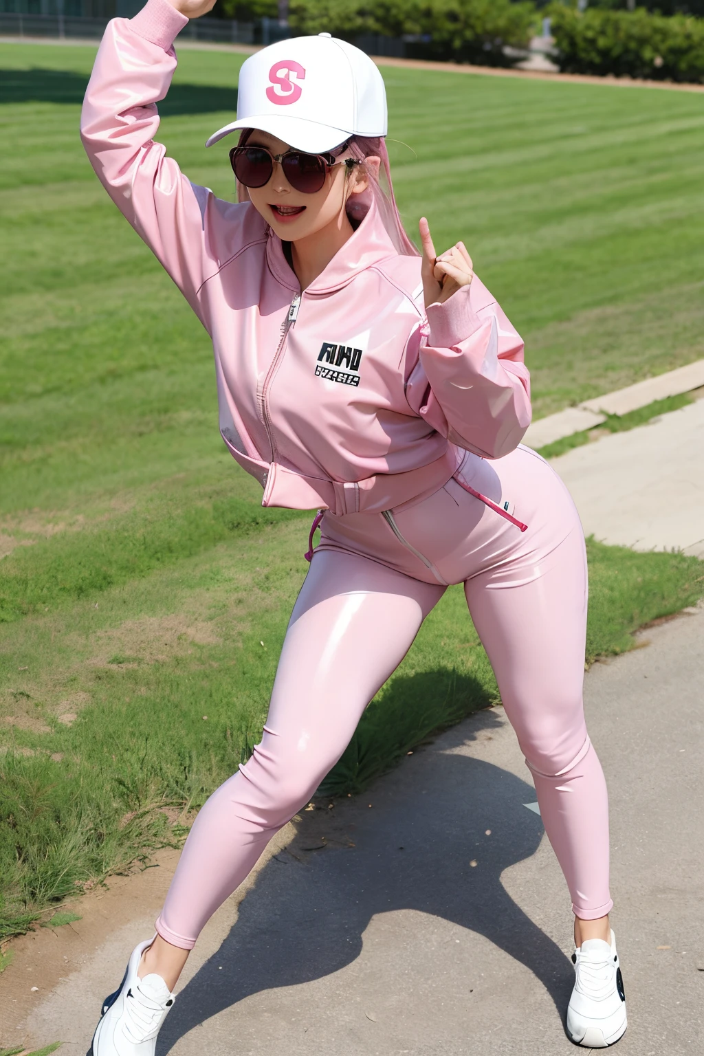 a cute korean girl,Wearing a full body pink latex suit,laser leather jacket,White baseball cap,tan sunglasses,Cross your hands at your waist,Raised sexy,one with pink hair