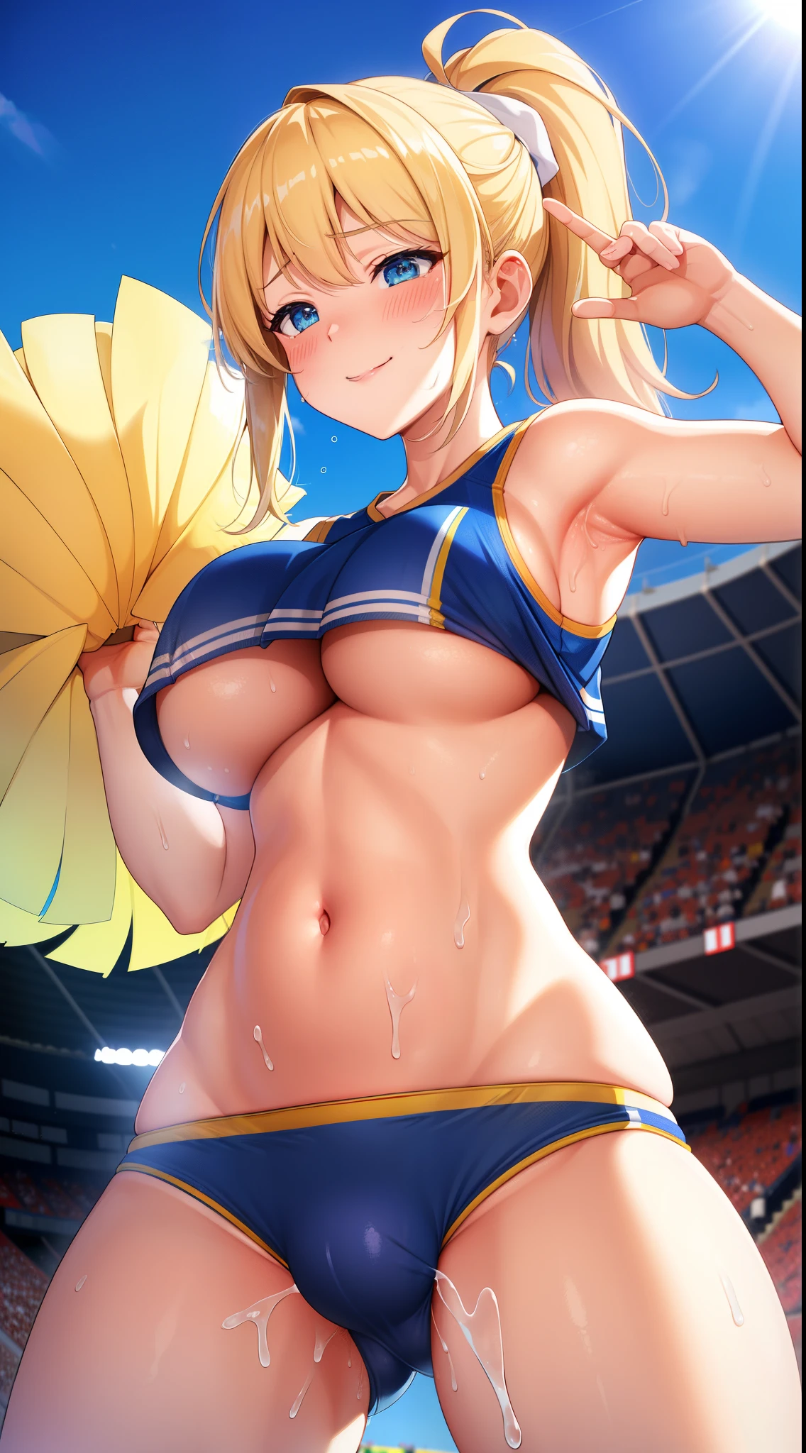 (best quality:1.5, highres, UHD, 4K, detailed lighting, shaders, perfect anatomy), blonde ponytail, large breasts, cheerleader outfit, belly, armpits, hands up, (crotch, blushing:1.1), smiling, sweaty:1.5, stadium background, sexy, erotic, lewd, seductive, (close shot, pov, from below view), shirt lift, underboobs, cum crotch:1.3