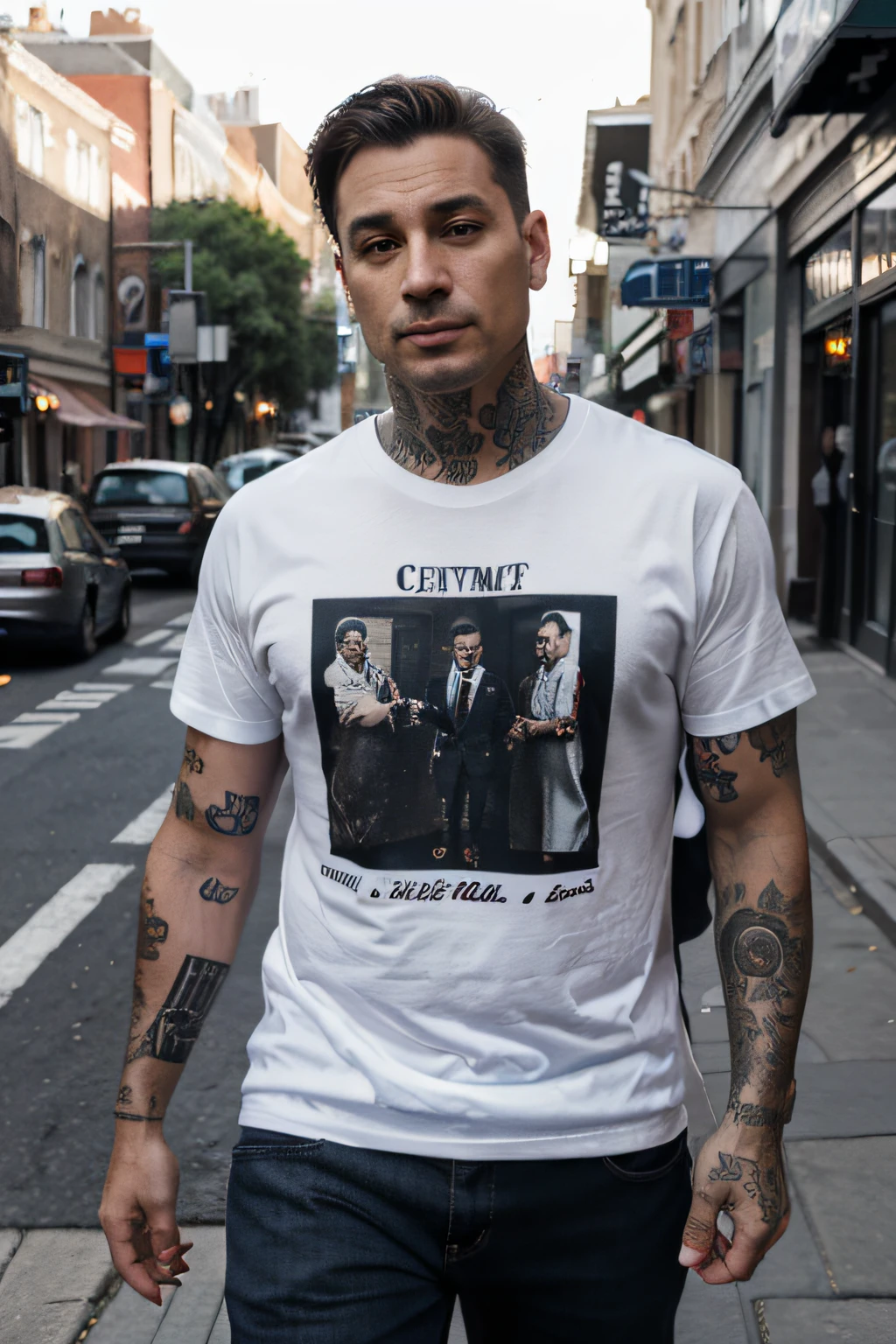 gentleman, street corner ,Tattooed with,walk,Middle age,tee shirt