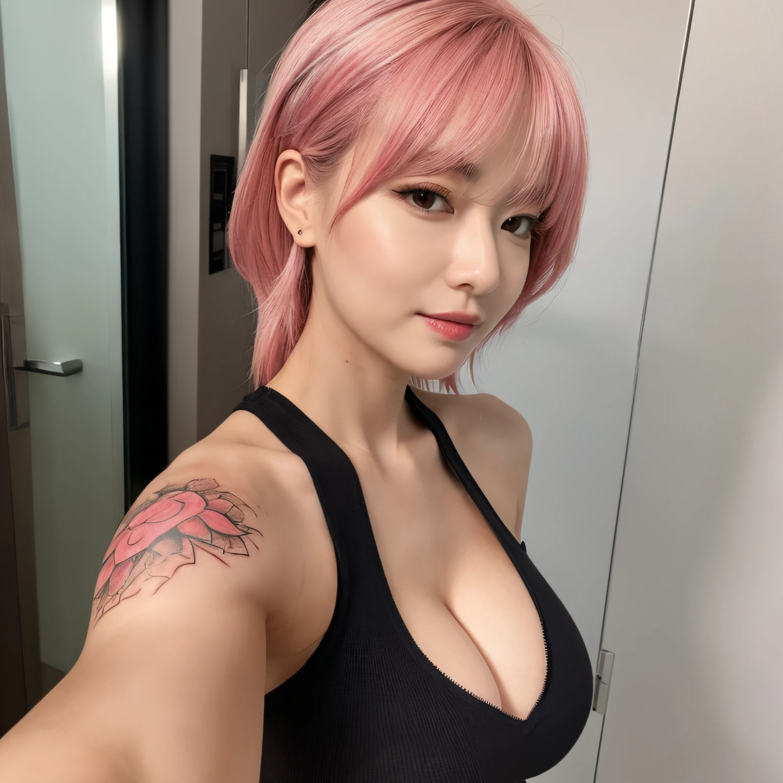 (detailed),perfect body, pink hair with black highlights, defined chest, defined collarbone, ultra realistic, photorealistic, detailed, perky see-through nipple, (masterpiece:1.2), (best quality:1.2) 1girl, wide hips, mature woman, milf, chubby, large breasts, tattoos, selfie pose