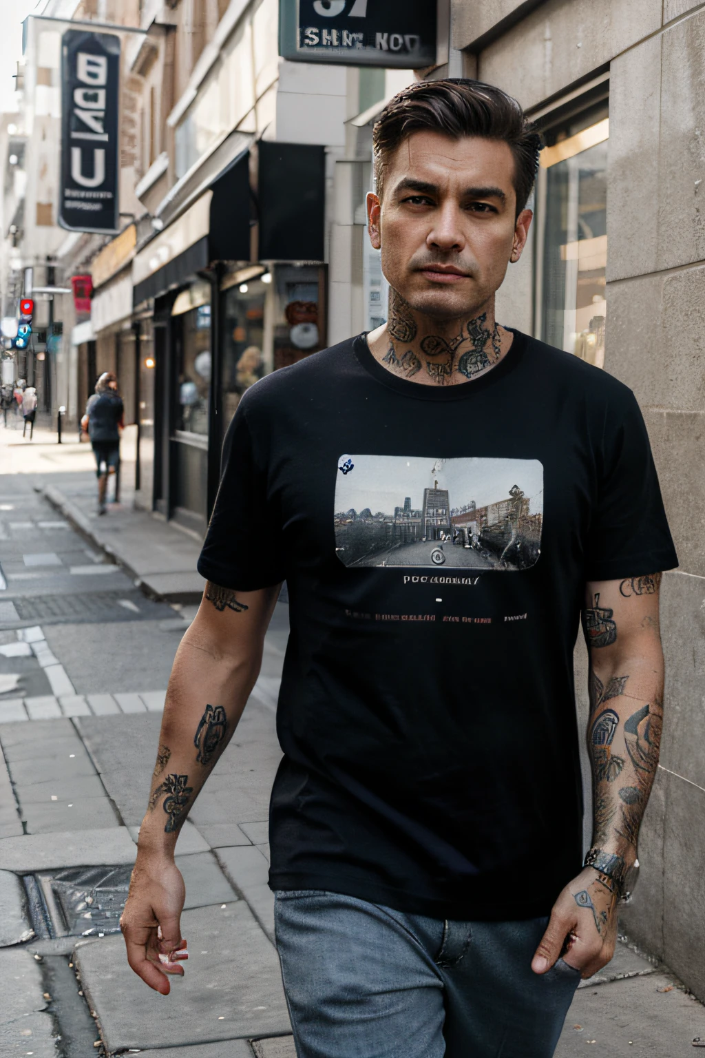 gentleman， street corner ，Tattooed with，walk，Middle age，Unpatterned T-shirt
