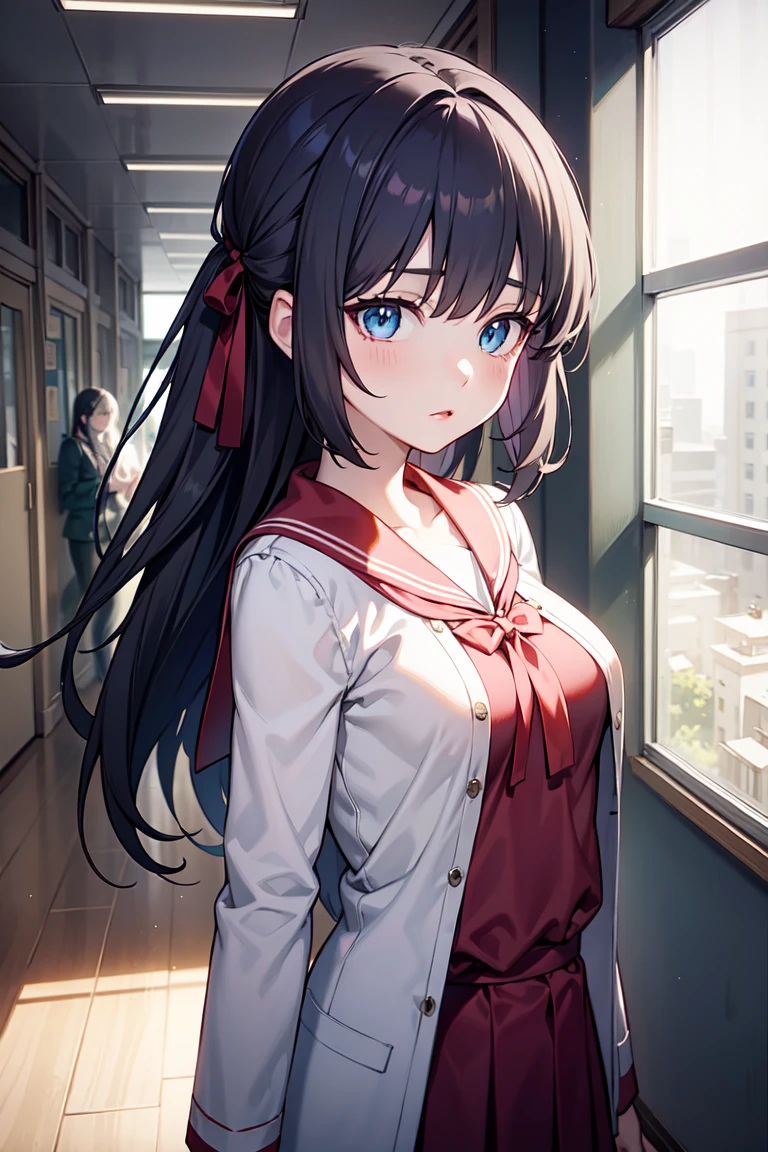 tmasterpiece，Best quality，tmasterpiece，Best quality，offcial art，Extremely detailed CG unity 8k wallpaper，traditional_mediating，The daughter，，black hair band，Long gray hair，White hair，eBlue eyes，little breast，，face expressionless，,Low hair tied long,direct,slit pupils,Sefuku,school hallway