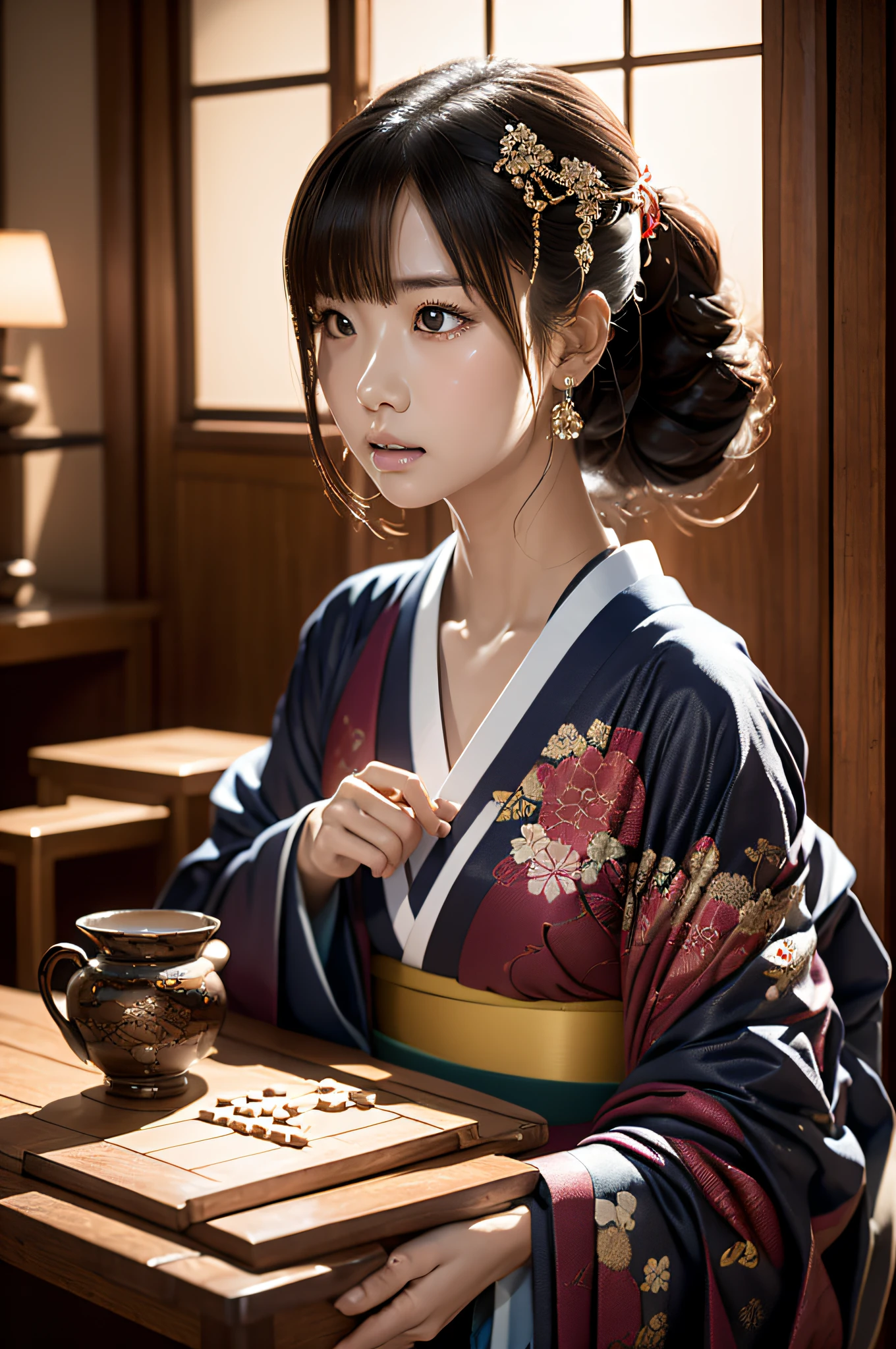 A masterpiece illustration of a young woman deeply immersed in a shogi game, set in a traditional Japanese room. Her expression is the epitome of concentration and passion, with every subtle nuance of her eyes and facial muscles finely depicted. The kimono she wears is a work of art in itself, with a realistic sheen and intricate weave details, enriched by vibrant and deep colors. Traditional accessories, like hair ornaments and obi decorations, are added to showcase her personality. The tatami and shoji in the background boast an enhanced texture, complementing the meticulously placed tea set and vase. The lighting is masterfully crafted, with precise shadows and highlights creating an almost tangible atmosphere. Every element in the composition, from the character's positioning to the surrounding details, is harmoniously balanced to produce a visually stunning and emotionally engaging scene.