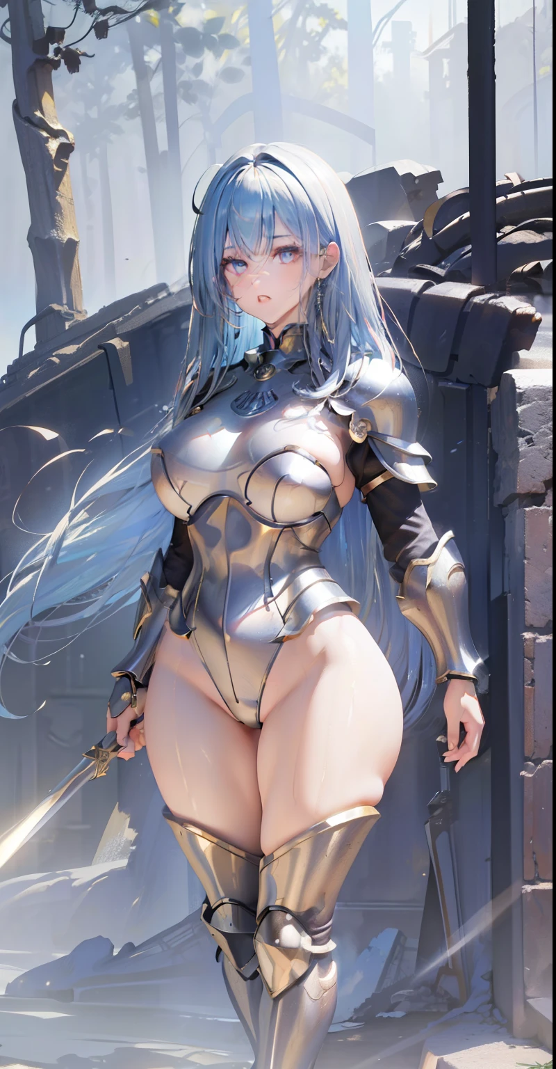 (masterpiece), (best quality), 4k resolution, (light and shadow effect), a girl, adult, ((warrior)), fair skin, (perfect eyes), eyebrow, nose, ear, mouth, lips, big hair, highlights, bangs, (light and shadow effects on the hair), diamond armor on the body, thick legs, thick thighs, standing