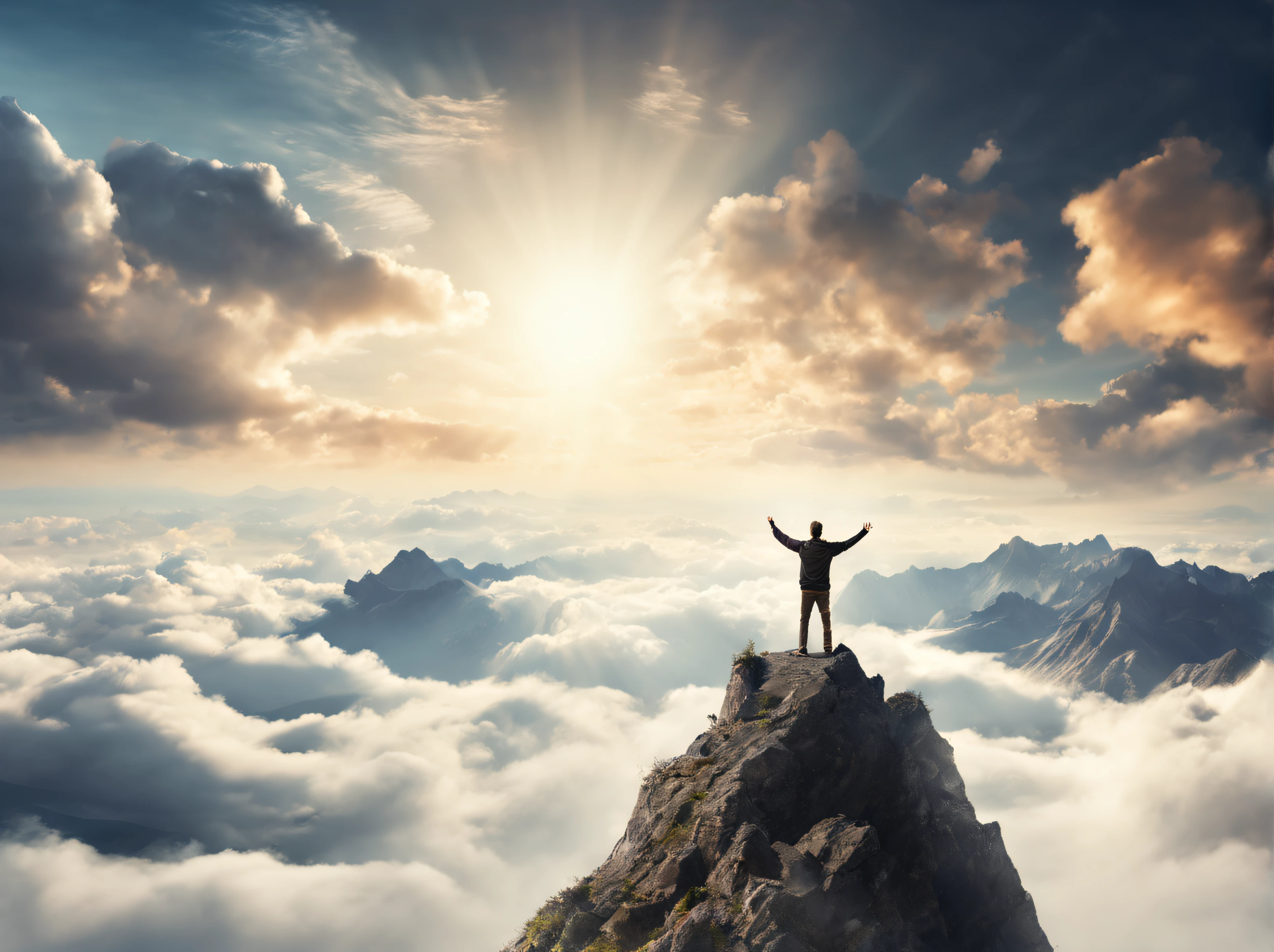 Mountain peaks break through the clouds,man on top of mountain,The action is to raise the arms!,Single full body,People on the right side,suns,clouds,upper sky,Composite poster,Depth,high qulity,Realiy,hyper HD