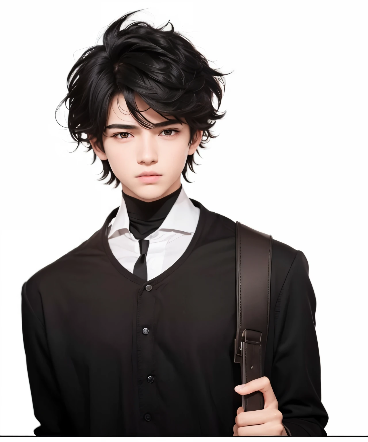 A boy with realistic black hair, the same realistic hairstyle, realistic handsome face, Realistic cool expressions, realistic light, realistic shadows, realistic backgrounds,Realistic black sling bag, nice realistic hands, Photo resolution is very good,4k,Ultra HD, realistic