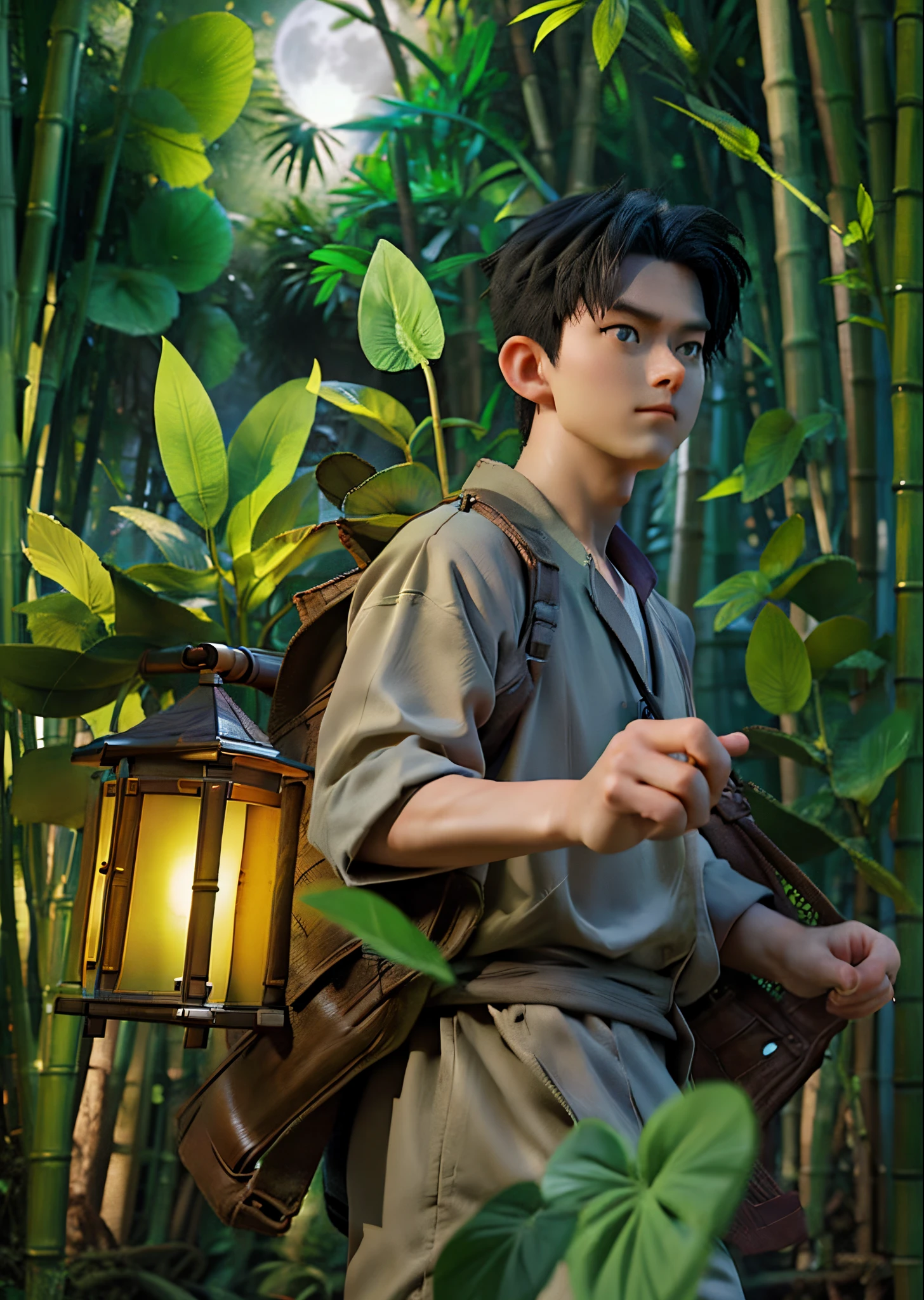 Quiet bamboo forest, Bamboo leaves falling with the wind, Full moon in the sky、a handsome man, Firefly Flying 3D Animation Masterpiece Collection Award-winning Work, 3D Animation Style