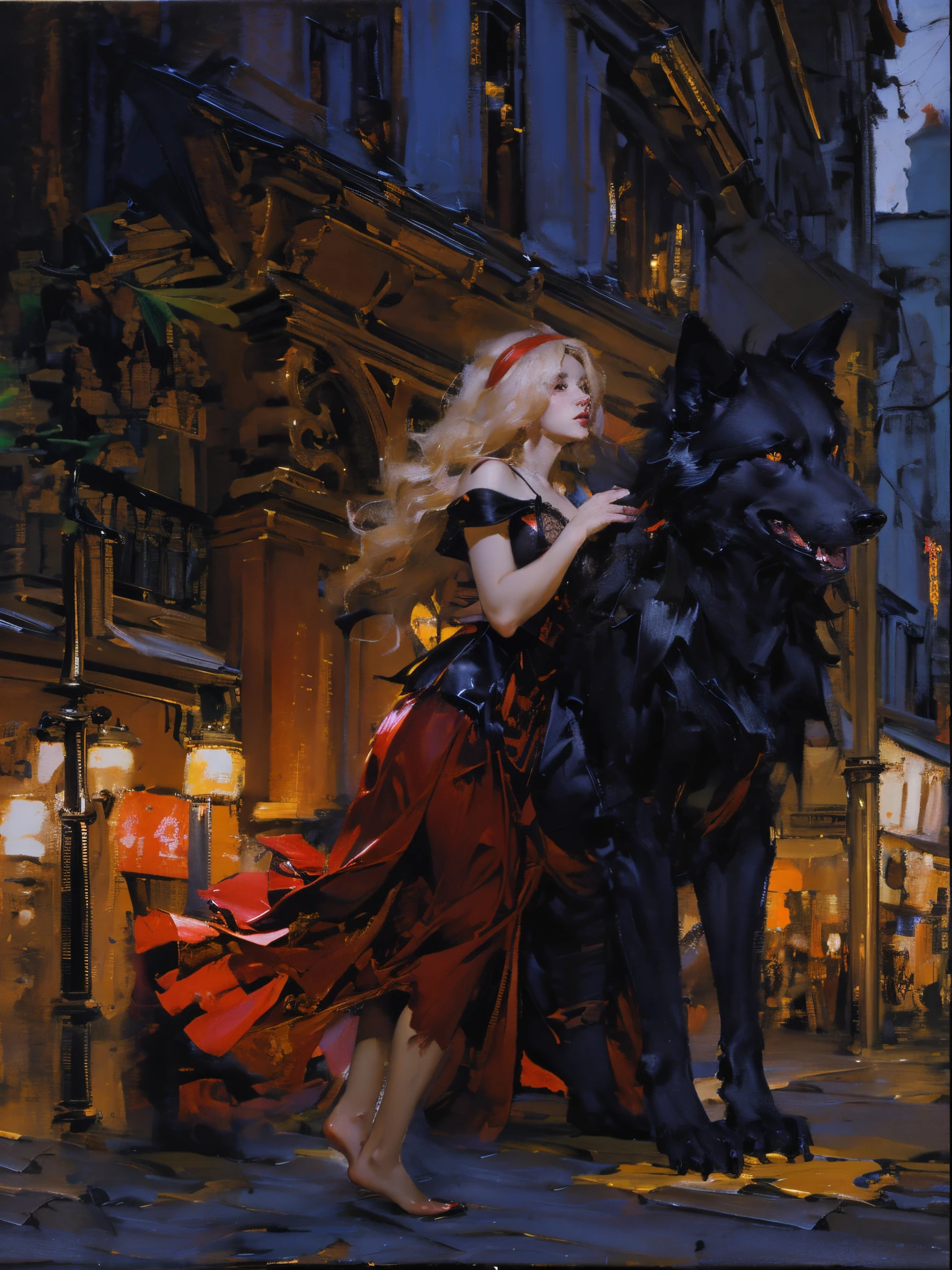 The woman in red rides on(((Black furry humanoid wolf)))screen, (((slim sexy girl))),(((Blonde girl))),(((Girls wear:red head band, white bustier, red long skirt,laced dress))),((Sexual suggestiveness)),Correct anatomy,详细的脸, 詳細な目,(((the right proportions))),City at night,The lights came on,scene of serious conflict,Warm color palette,(post impressionist),(Fechin Oil Painting - Fechin Oil Painting , oil painted), 003