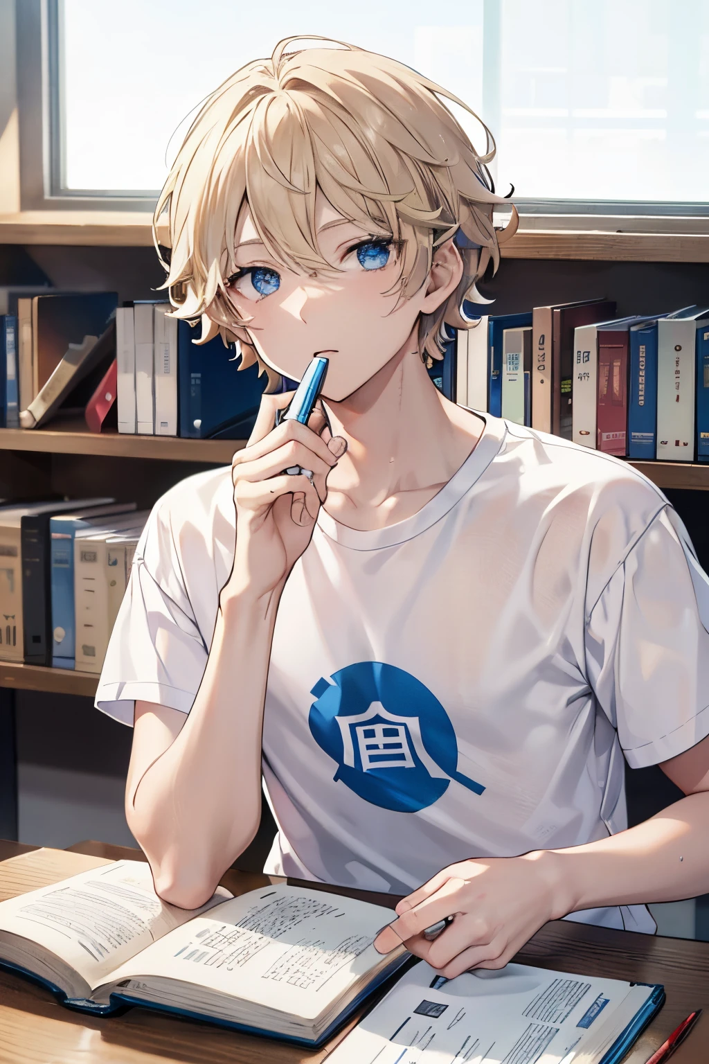 There is a boy sitting in the classroom, This male classmate is wearing a white T-shirt, Short blonde slightly curly hair,blue color eyes, He had a pen in his hand, There are books, Shinkaijo anime style, High quality images,ultra clear details