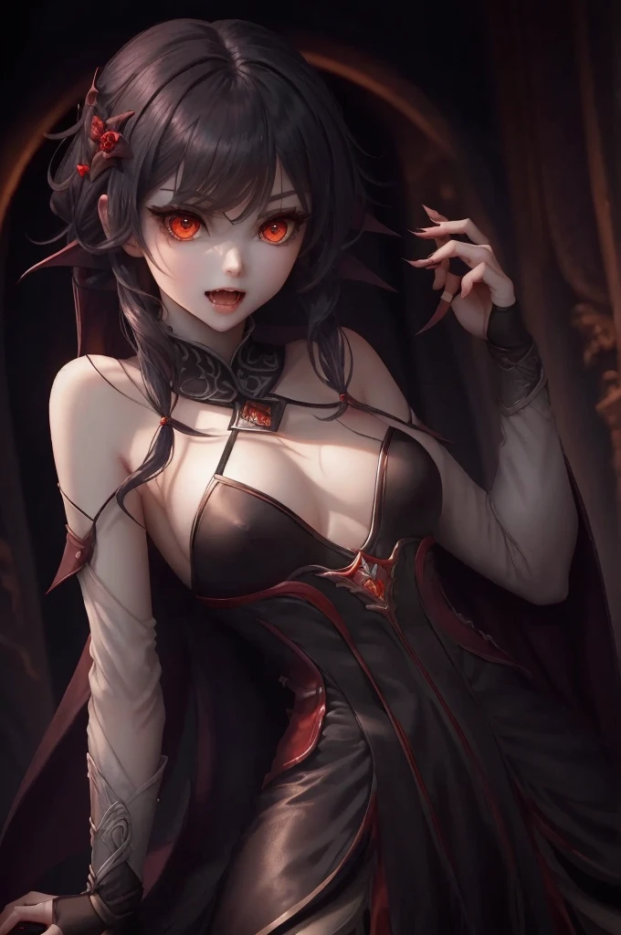 Vampire Girl , Masterpiece, ,(独奏:1.1), a perfect face, (vivid lighting:1.2),beautiful detail eyes, extremely detailed face, perfect  lighting,Masterpiece, Best Quality, 1girl, pale skin, hairlong, 20years old , red eyes, fangs, A glass of blood in his hand, Complex hairstyle, vampire fangs, open mouth, sharp teeth, vampire fangs, in full height , seductive position, in full height