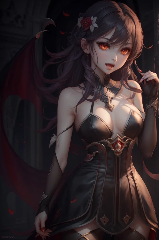 Vampire Girl , Masterpiece, ,(独奏:1.1), a perfect face, (vivid lighting:1.2),beautiful detail eyes, extremely detailed face, perfect  lighting,Masterpiece, Best Quality, 1girl, pale skin, hairlong, 20years old , red eyes, fangs, A glass of blood in his hand, Complex hairstyle, vampire fangs, open mouth, sharp teeth, vampire fangs, in full height , seductive position, in full height