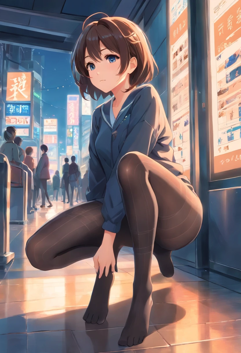 woman, 18 yo, sexual expression invite,sexual face,pantyhose Detailed((tights with detailed textures)),feet to the viewer,feet in front of the spectator,feet occupying the entire screen, feet on the screen covering the character