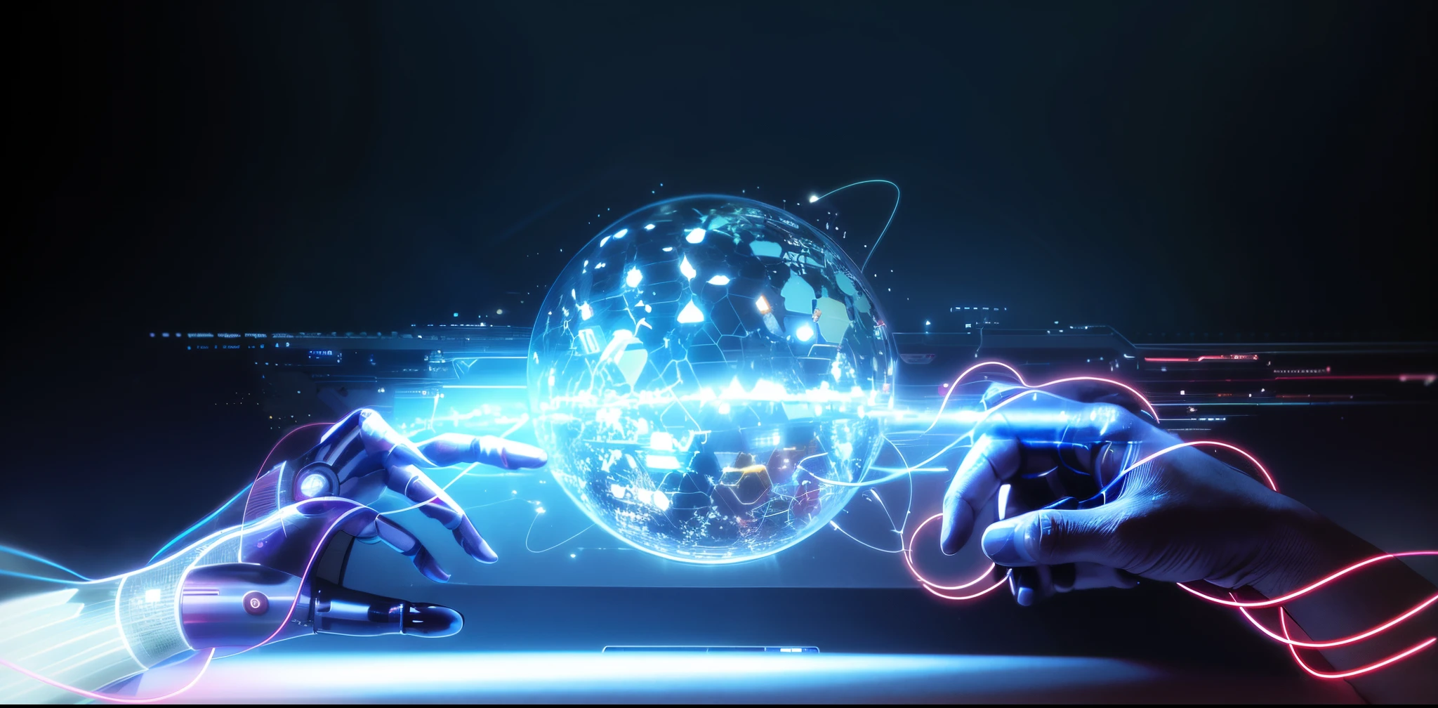 two hands touching each other,There is a glowing sphere in the background, The image is futuristic, The coming artificial intelligence singularity, Infinite collaboration with artificial intelligence, strong artificial intelligence, Technical singularity, the ai!!, the ai, future-tech, future-tech, Interconnected human life forms, artificial intelligence god, artificial intelligence god, Machines and future robots, future-tech, window shutters