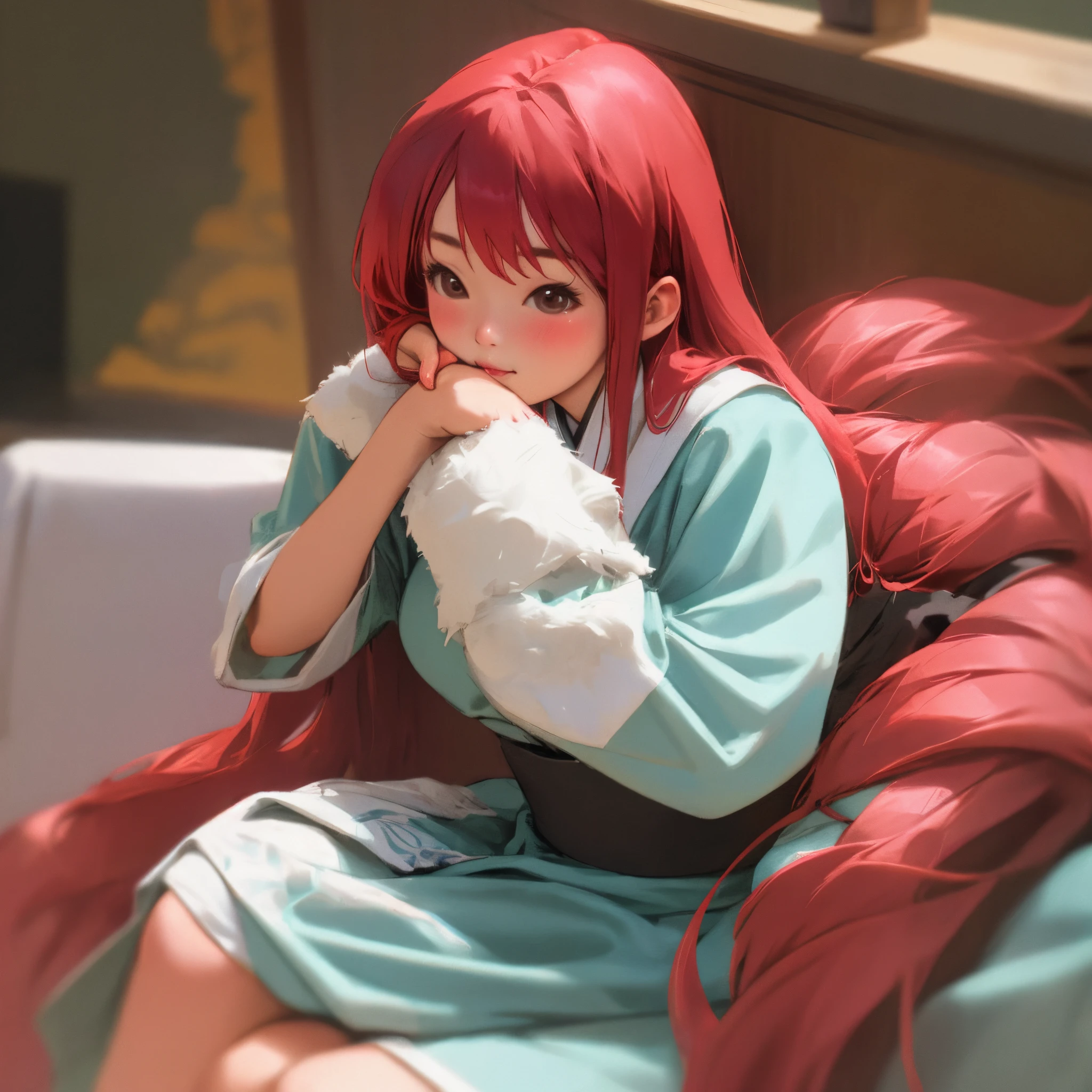 Cute realism asian babe with long red hair dressed in pink sitting down