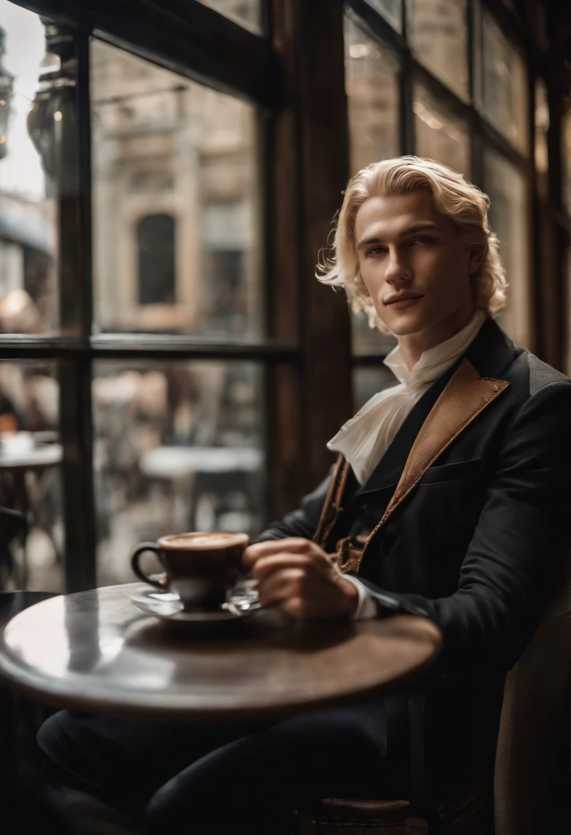 The image is of Ominis Gaunt sitting at a café, sipping on a decadent hot chocolate with a content smile on his face.,original,Ominis is of average height and quite thin. His skin is very pale but he has a beauty marks. His hair is blonde and swept back. He is blind and his eyes are milky from his blindness.