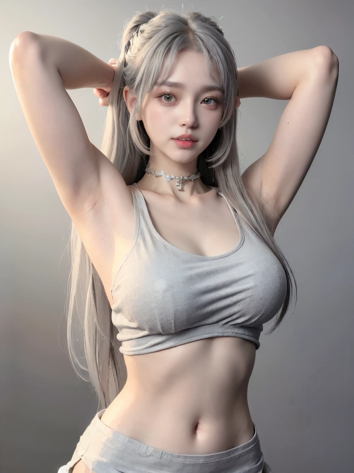 (grey background:1.5), (photorealistic:1.4), (best quality:1.0), (ultra highres:1.0), 8k, RAW photo, (masterpiece:0.2), 1girl, beautiful skin, detailed skin, light smile, teeth, (very tight white tanktop:1.5), ((white mini skirt)), cross choker, (show armpits), (very long hairstyle:1.4), wear make up and mascara, ((outdoor)).