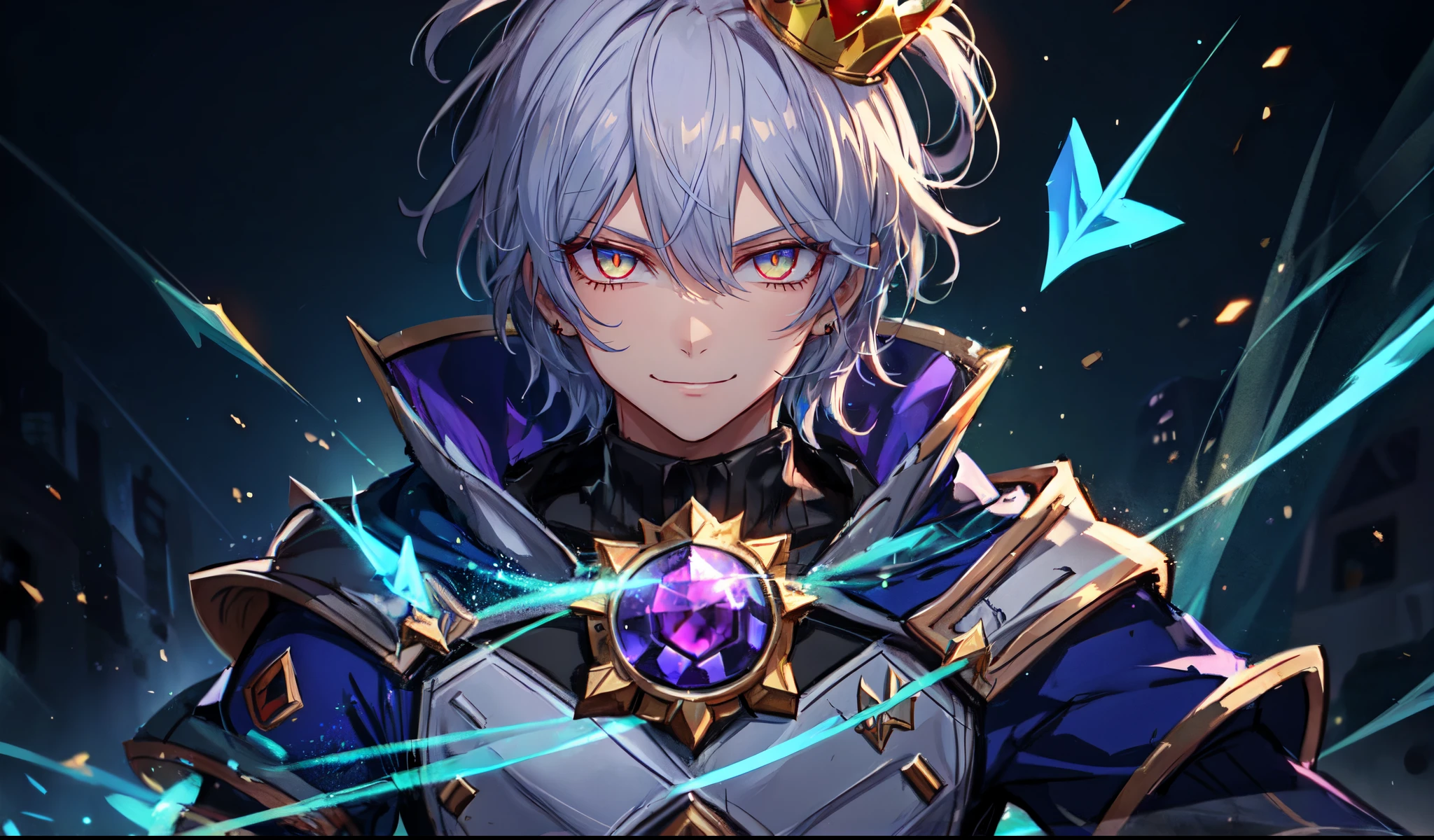 1boy, a (man:1.2) with corrupted scales, intense (closeup:1.4), face, eyes, upper body, chest, ultra detailed, extremely detailed sketch, glowing eyes, official league of legends art, shadowplay, intense sketch, arrows vengeance, purple, long flowing white hair, crown