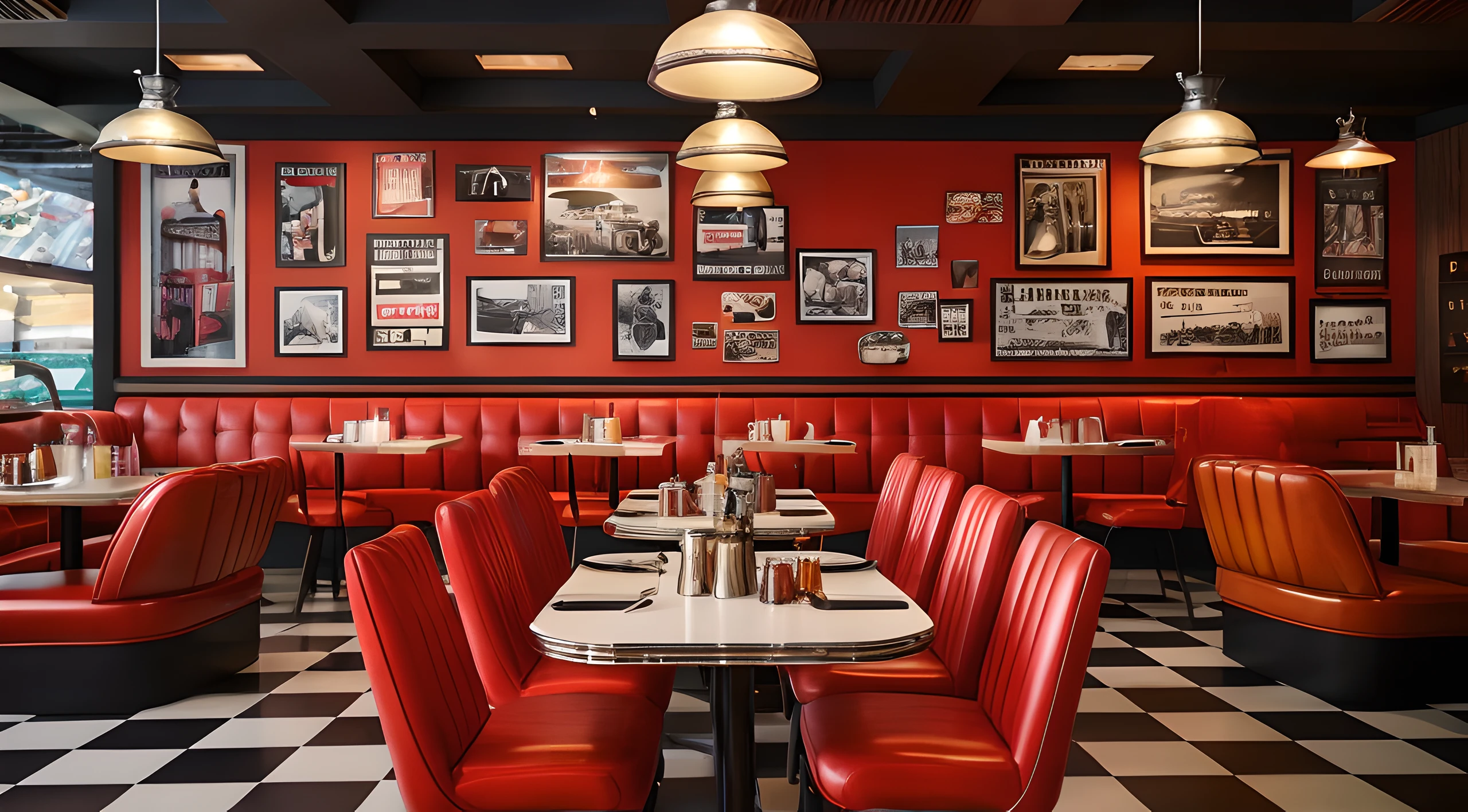 Perfect interior renderings，Western restaurant，red dining table，Light brown plaid leather seats，Light brown wall with black and white checkerboard decoration，glass wine cabinet，retro lamps，Simple，Modern retro style design，Bright environment，Youthful，High precision，High detail，Strong texture，wide wide shot