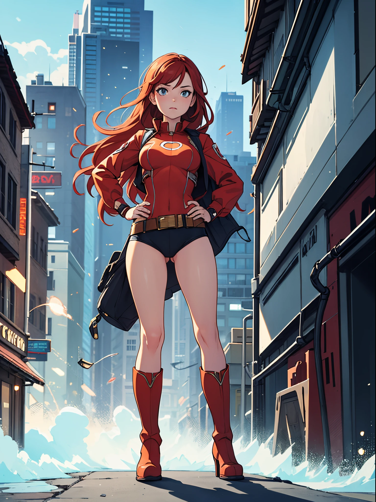 masterpiece, best quality, 1girl, superhero, leotard, bare legs, knee boots, matching boots, heroic, city backdrop, standing, body infused with energy, light particles, solo, single, cowboy shot, perfect anatomy, hand on hip, redhead, beautiful detailed eyes, belt