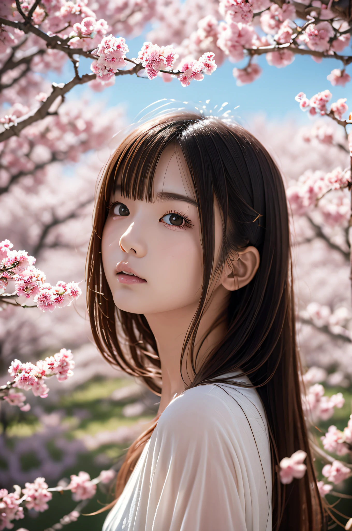Complements the image of a beautiful Japanese woman wearing Japanese clothes in a peach blossom field.。. Amplifies the dynamism and emotional depth of facial expressions and poses。。。、Capture the essence of anime more effectively. use deeper, Create visually appealing images with more vibrant colors. Add more details to the background、Enhances narrative quality and storytelling aspects。. Images not only maintain the original theme、It is necessary to express the characteristics of anime at a higher level with attractive and detailed compositions...。