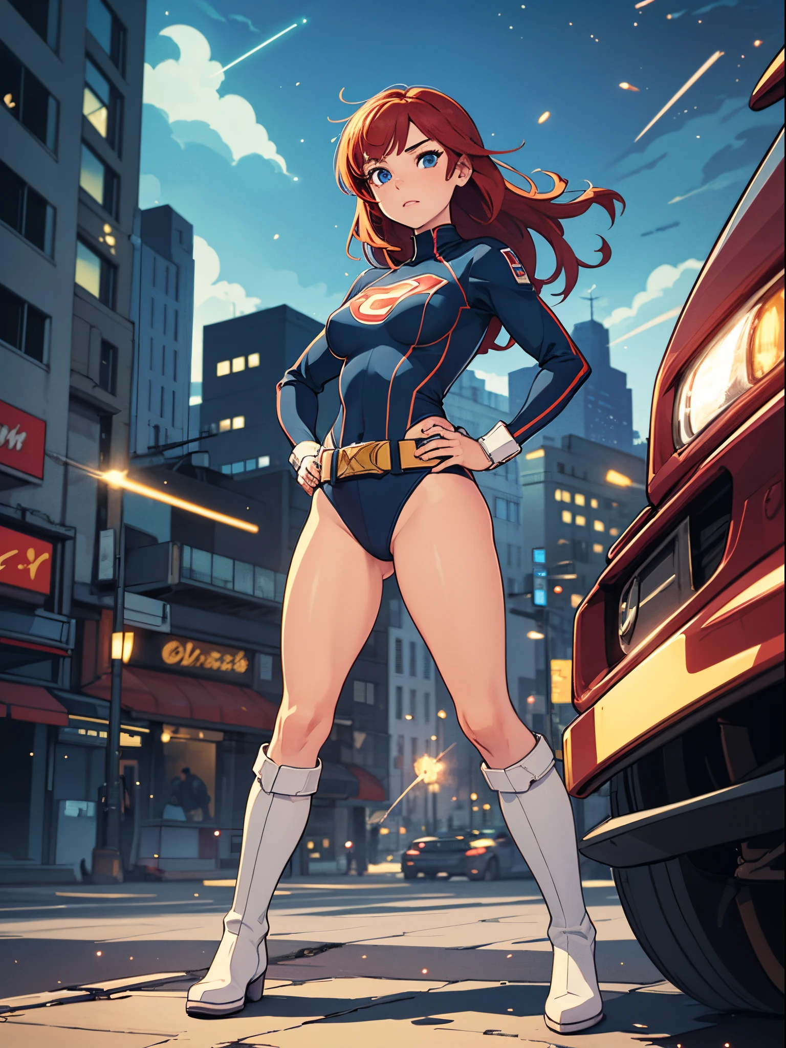 masterpiece, best quality, 1girl, superhero, leotard, bare legs, knee boots, matching boots, heroic, city backdrop, standing, body infused with energy, light particles, solo, single, cowboy shot, perfect anatomy, hand on hip, redhead, beautiful detailed eyes, belt