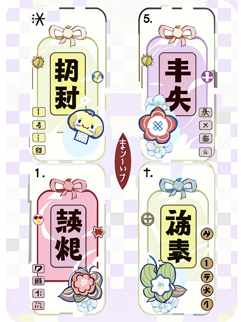 there are four tags with different designs on them on a checkered background, full card design, Middle metaverse, with japanese text, large view, front game card, cute:2, けもの, japanese kawaii style, year 2447, game card frame, kawaii japanese style, banknote, japanese text,change colour