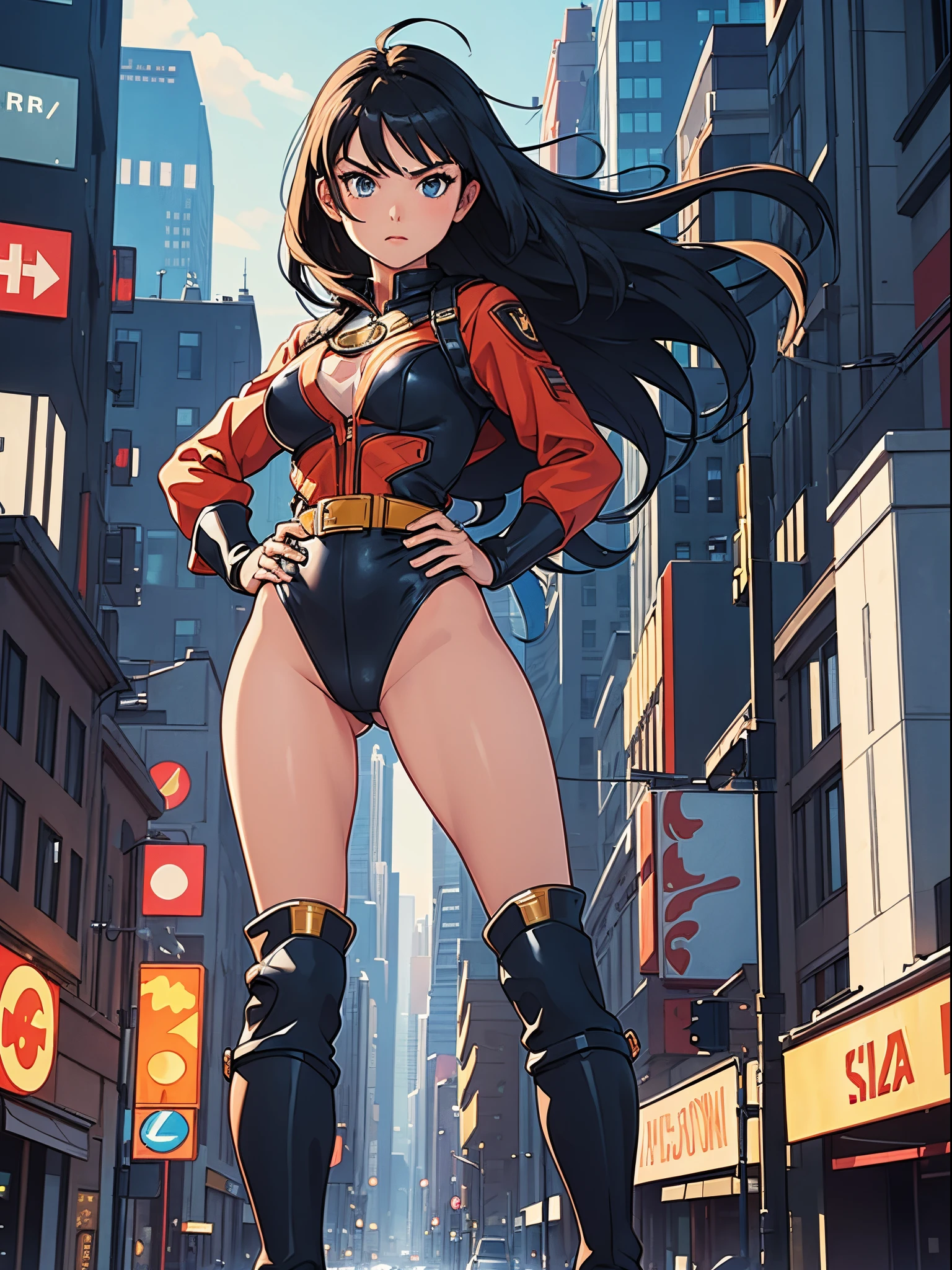 masterpiece, best quality, 1girl, superhero, leotard, bare legs, knee boots, matching boots, heroic, city backdrop, standing, body infused with energy, light particles, solo, single, cowboy shot, perfect anatomy, hand on hip, black hair, beautiful detailed eyes, belt