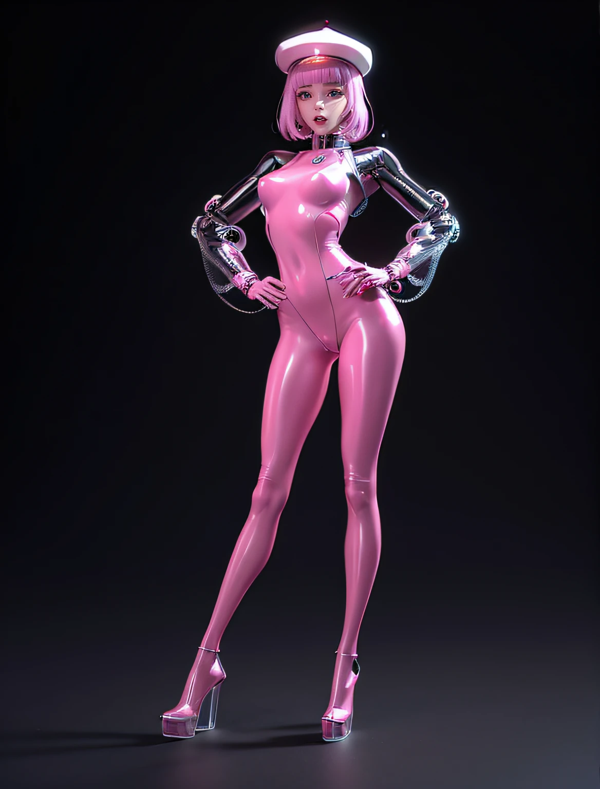 One dressed in pink、Close-up of a man in a hat, 3D rendering character art 8k, Fashionable future women, full body cgsociety, Cyberpunk 20 years old. oh oh oh,Model girl, Futuristic glossy latex set, inspired by Yanjun Cheng, styled like ghost in the shell, 3D character rendering, full body render, pink iconic character, sci - fi character