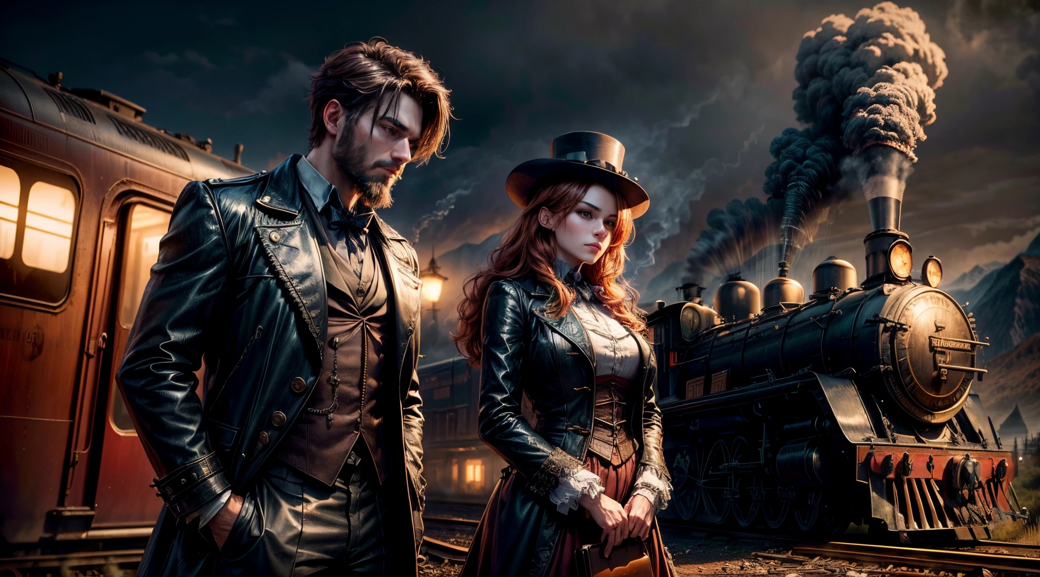 (best quality,4k,8k,highres,masterpiece:1.2),ultra-detailed,(realistic,photorealistic,photo-realistic:1.37),one train,dark landscape background,moody atmosphere,ominous clouds,twilight sky,silhouettes of trees and mountains,steam rising from the train,mysterious shadows,heavy fog,moonlit scene,majestic scenery,faraway mountains,reflective lake,crisp air,melancholic mood,vibrant colors,vintage steam locomotive,echoing train whistle,lonesome feeling,smoke billowing from the train,captivating anticipation,subtle highlights and shadows,distant city lights,Gothic architecture,lonely railway track,nighttime serenity, 2 people , ((1 man dark hair and short beard)), wearing (steampunk) with leather boots and green top hat (1.6 intricate details, Masterpiece, best quality), thick hair, medium hair, black , fair skin intense ((brown)) eyes, in front of train on the tracks in a (train yard) (standing next to a woman with long auburn hair),