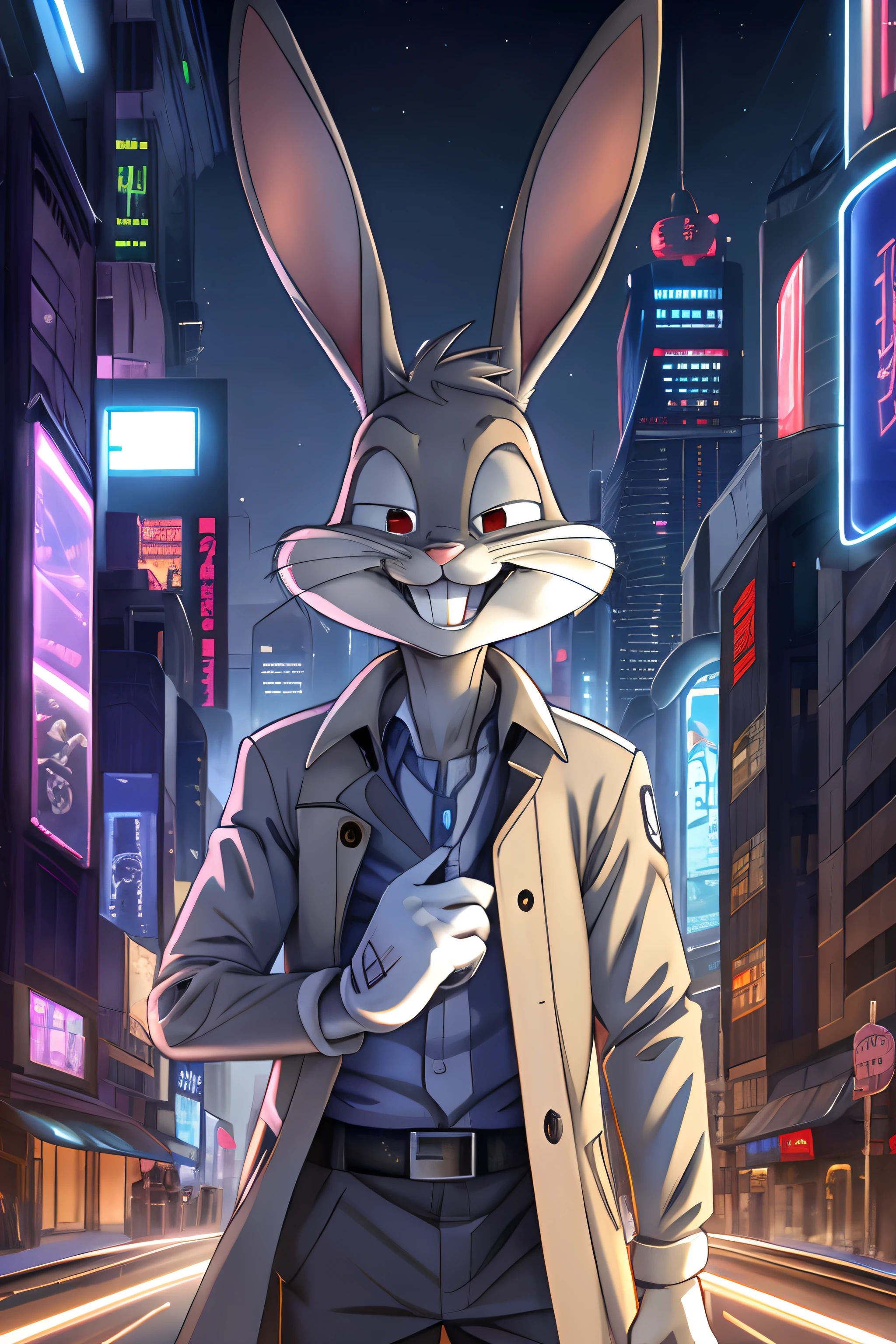 gloves, male, solo, bugs bunny, rabbit, buckteeth, city,night, long ears, grey body, grey fur, white fur,furry,anime style, anime screencap, 2010s_\(style\), grin, forest, upper body, trench coat, futuristic city