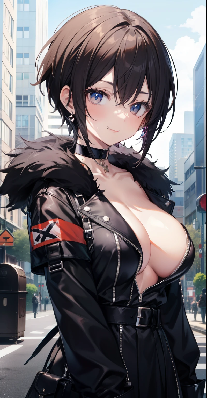 1 strap, Anime big breast Color, black eye, black Gloves, brown fur, Choker necklace, Earrings, Gloves, jewelry, mailbox, imitate, short_hair, smile, alone, Style_mimic,