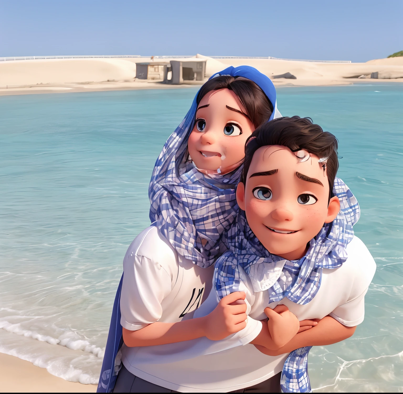 A girl and a boy the boy wears a white t-shirt and a blue short and the girl wears a black and white dress with a veil on her head they standing on a beach