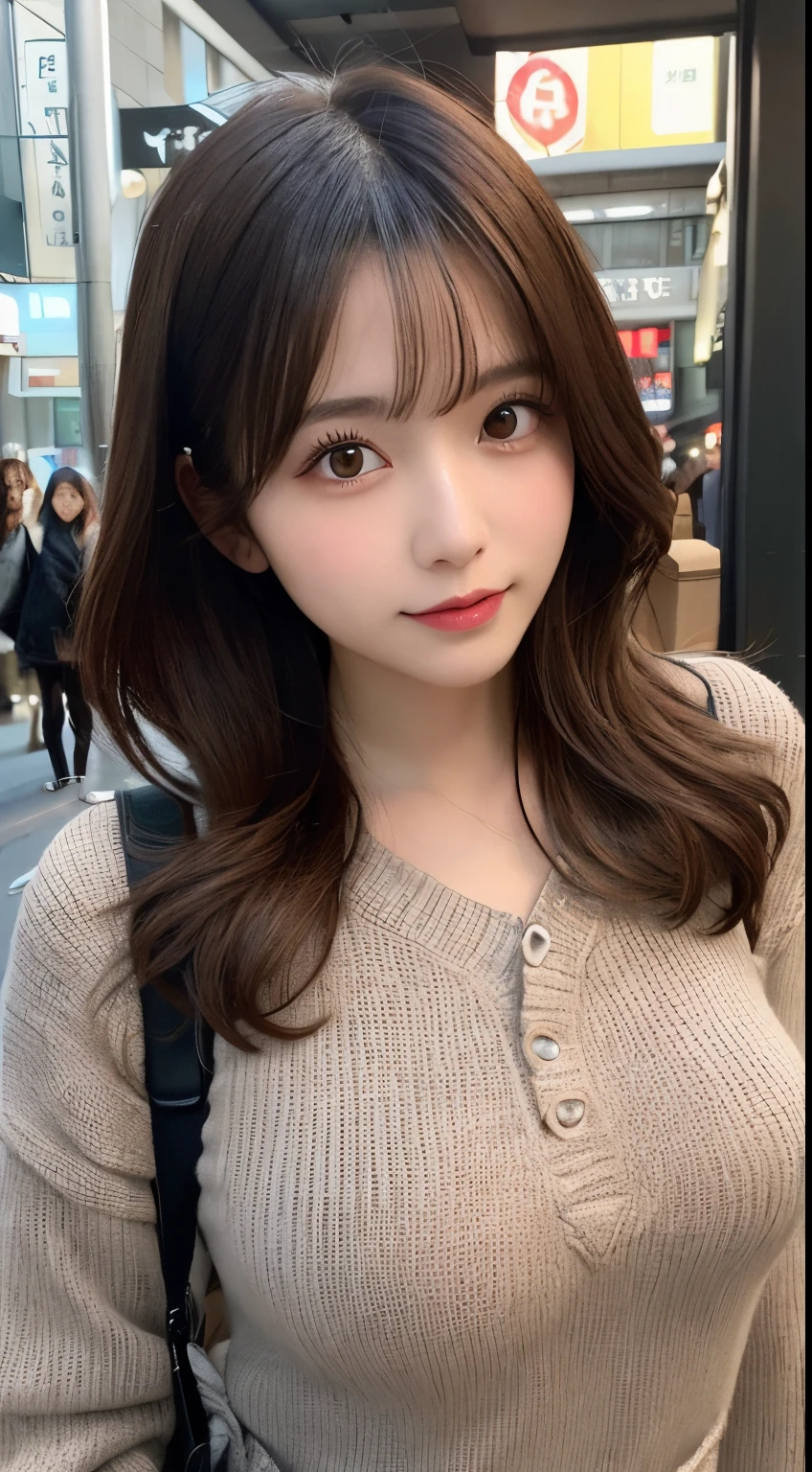masterpiece、1 beautiful girl、A detailed eye、Puffy eyes、top-quality, 超A high resolution, (Realisticity: 1.4), cinematlic lighting、japanes、Asian Beauty、Korea person、Super beauty、Beautiful skin、A slender、The body is facing forward、(A hyper-realistic)、(hight resolution)、(8K)、(ighly detailed)、(beautifully detailed eyes)、(ultra-detailliert)、 (wall-paper)、A detailed face、Bright lighting、profetional lighting、looking at viewert、Facing straight ahead、(The costume is a knitted dress)、Long hair, hair messy, asymmetrical bangs, 、nighttime scene、Brown hair、Japan idle、韓国アイドル、hposing Gravure Idol、女優、age19、tall,