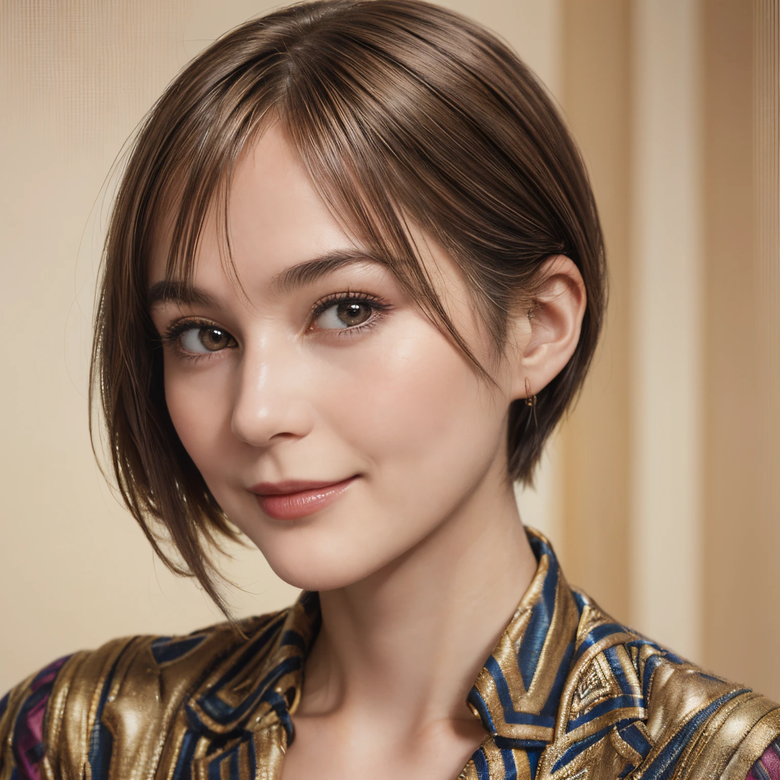 104
(a 20 yo woman,is standing), (A hyper-realistic), (high-level image quality), ((beautiful hairstyle 46)), ((short-hair)), (Gentle smile), (Keep your mouth shut), (The background is a trompe l'oeil'The eye), ((trickart:1.46)), (lipsticks)