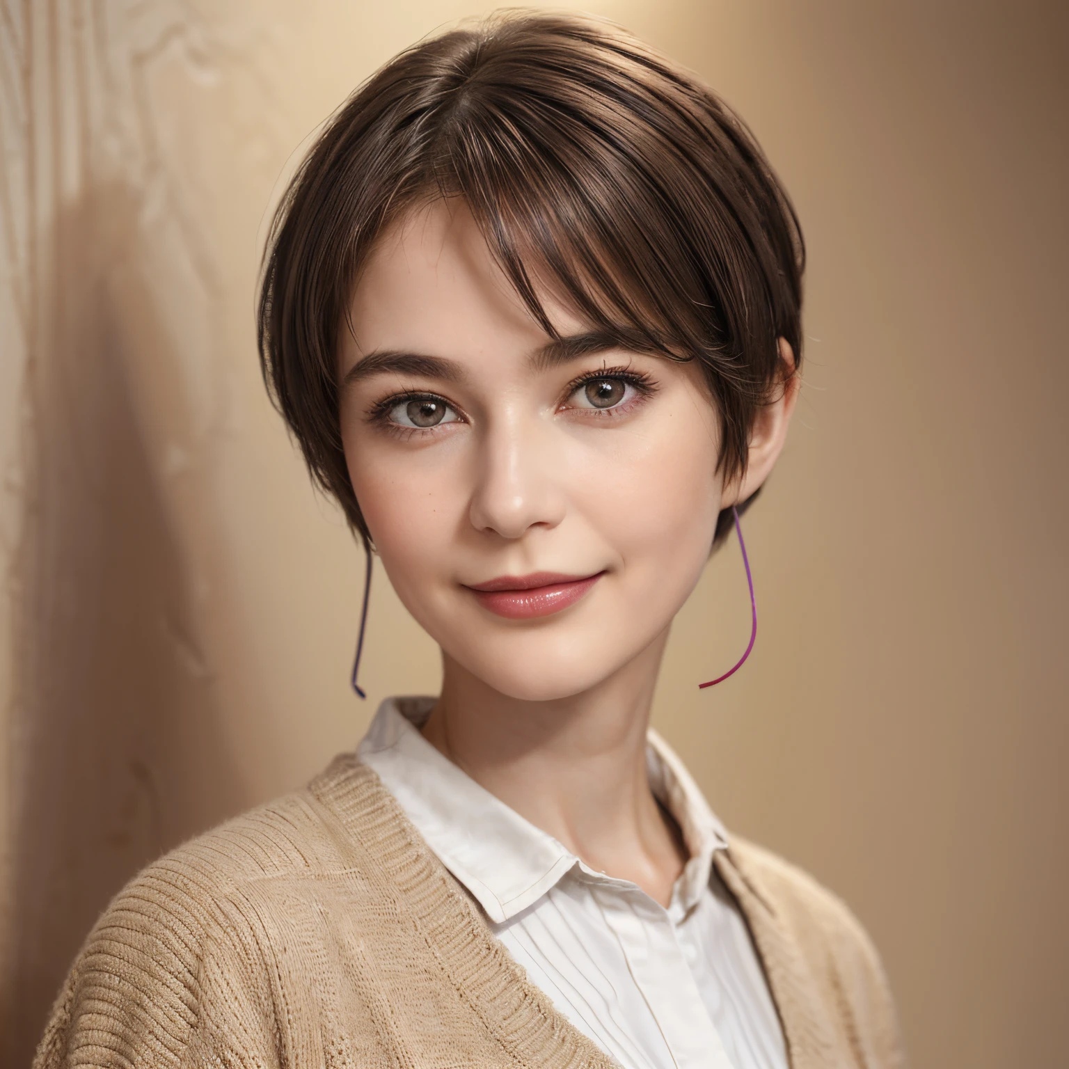 104
(a 20 yo woman,is standing), (A hyper-realistic), (high-level image quality), ((beautiful hairstyle 46)), ((short-hair)), (Gentle smile), (Keep your mouth shut), (The background is a trompe l&#39;oeil&#39;The eye), ((trickart:1.46)), (lipsticks)