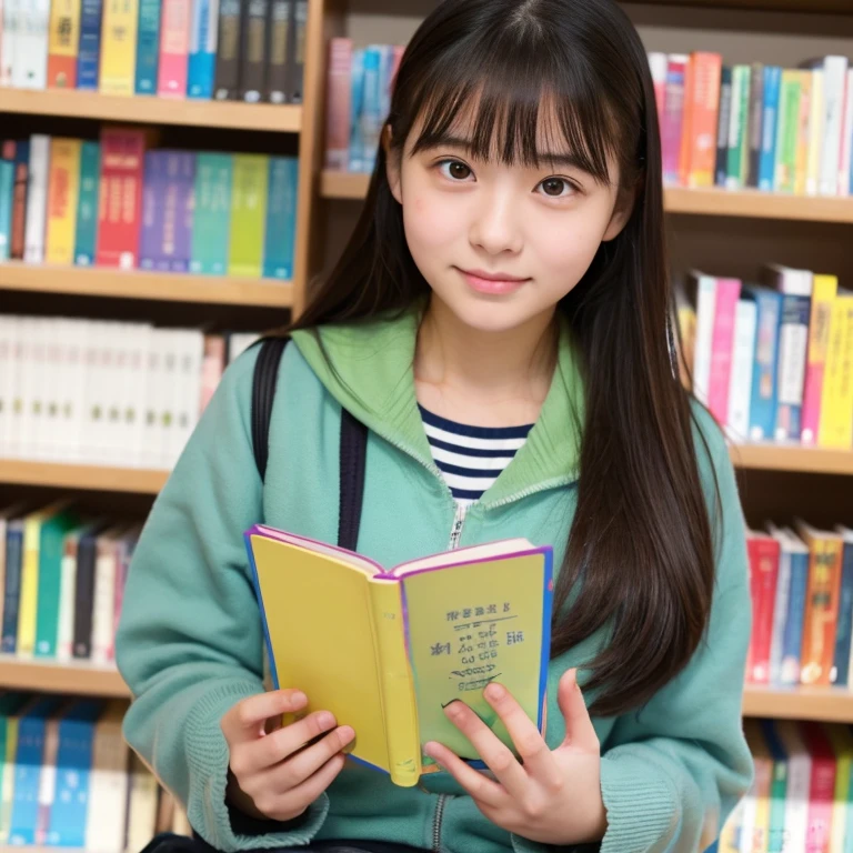 Third year of high school、Use the same face based on the female face you created last time.、Please generate images in different situations。without changing her expression、This time, please draw her reading a book in the library.。The background is calm and has a nice library atmosphere.。Keep an eye out for vibrant colors and details。